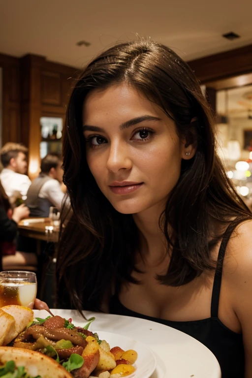 extreme high quality, Realism, femme brune, au restaurant