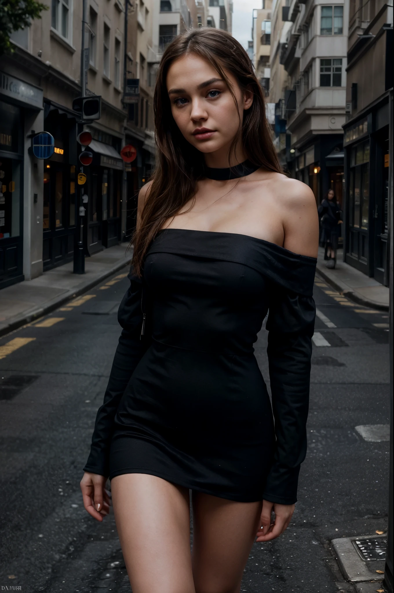 side photo of a woman wearing a black dress, Cropped dress, Off-the-shoulder, Dress around the neck, Dress covering legs, she is going through the street, sasha grey, portrait sophie mudd, 24 years old, madison beer girl portrait, violet myers, she looks like a mix of grimes, maggie lindemann, very pretty model, arian mark, 8k resolution, very detailed image, blue eyes, cinematic,