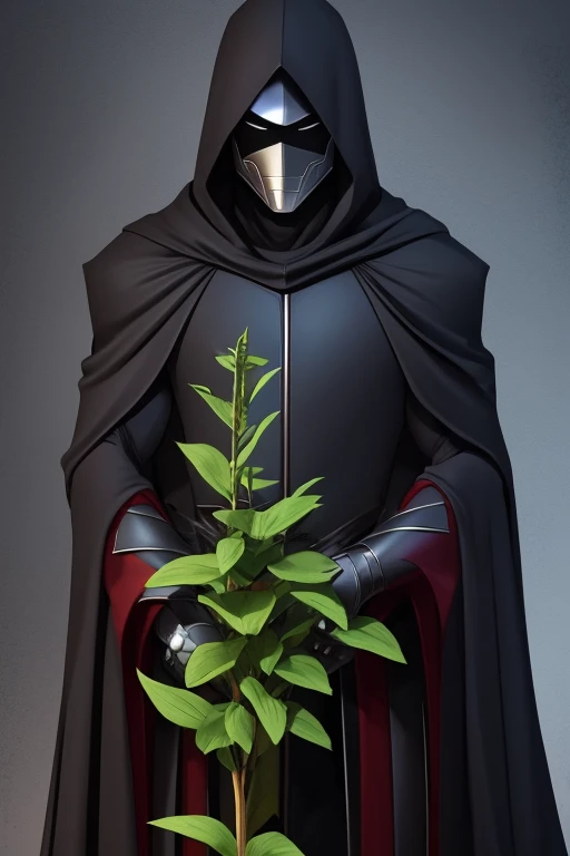 1 man, a supervillain, tall and slender, a hood that cover his head and the face is dark, exaggerated shoulder pads, dark armor, dark lab background, some plants on lower pots