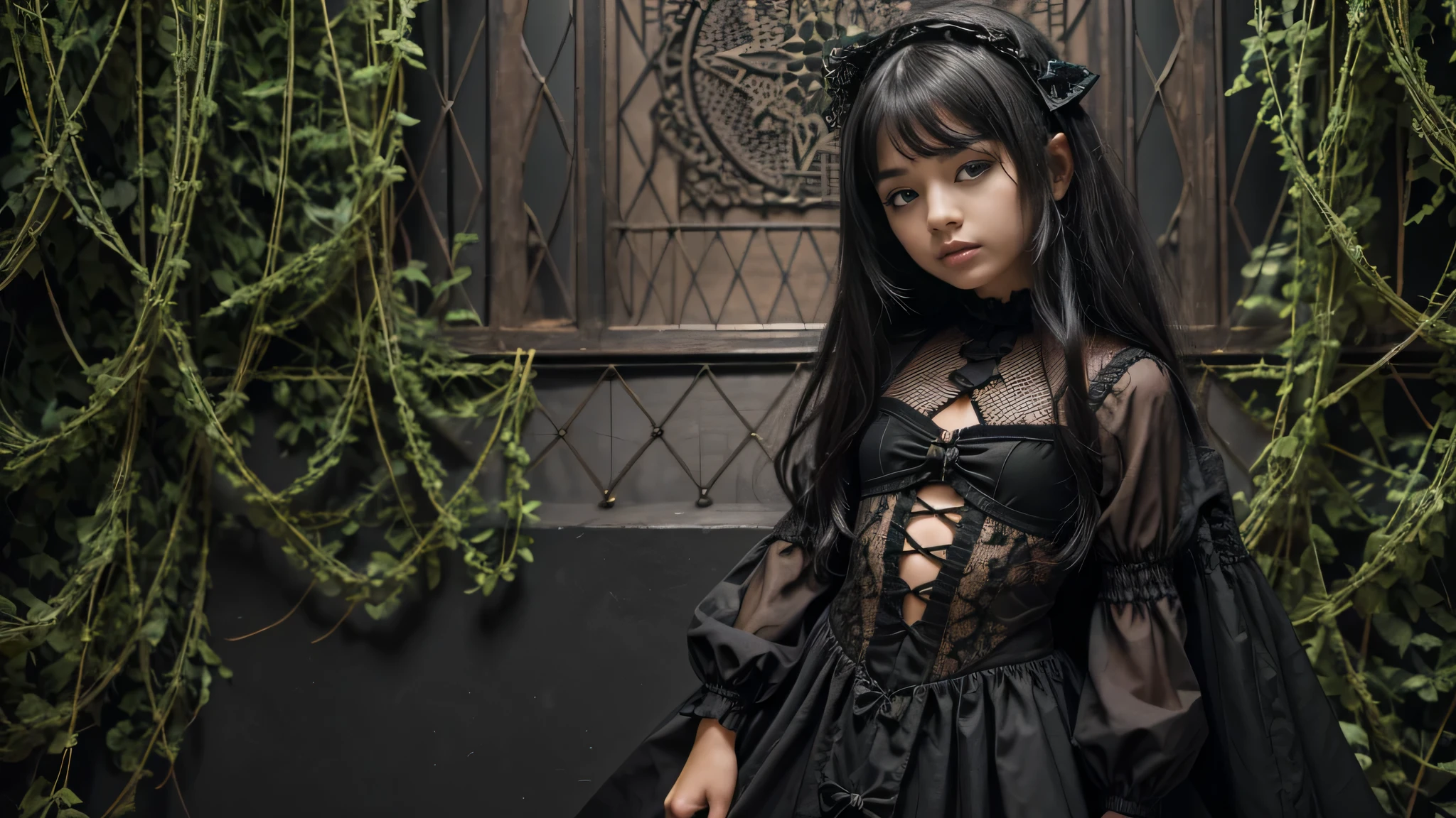 Child girl in gothic net symbolic clothes, 。verde de fundo, .com (Arame farpado do corpo) cabelo de cor morena,Extremidades dos cabelos grisalhos,