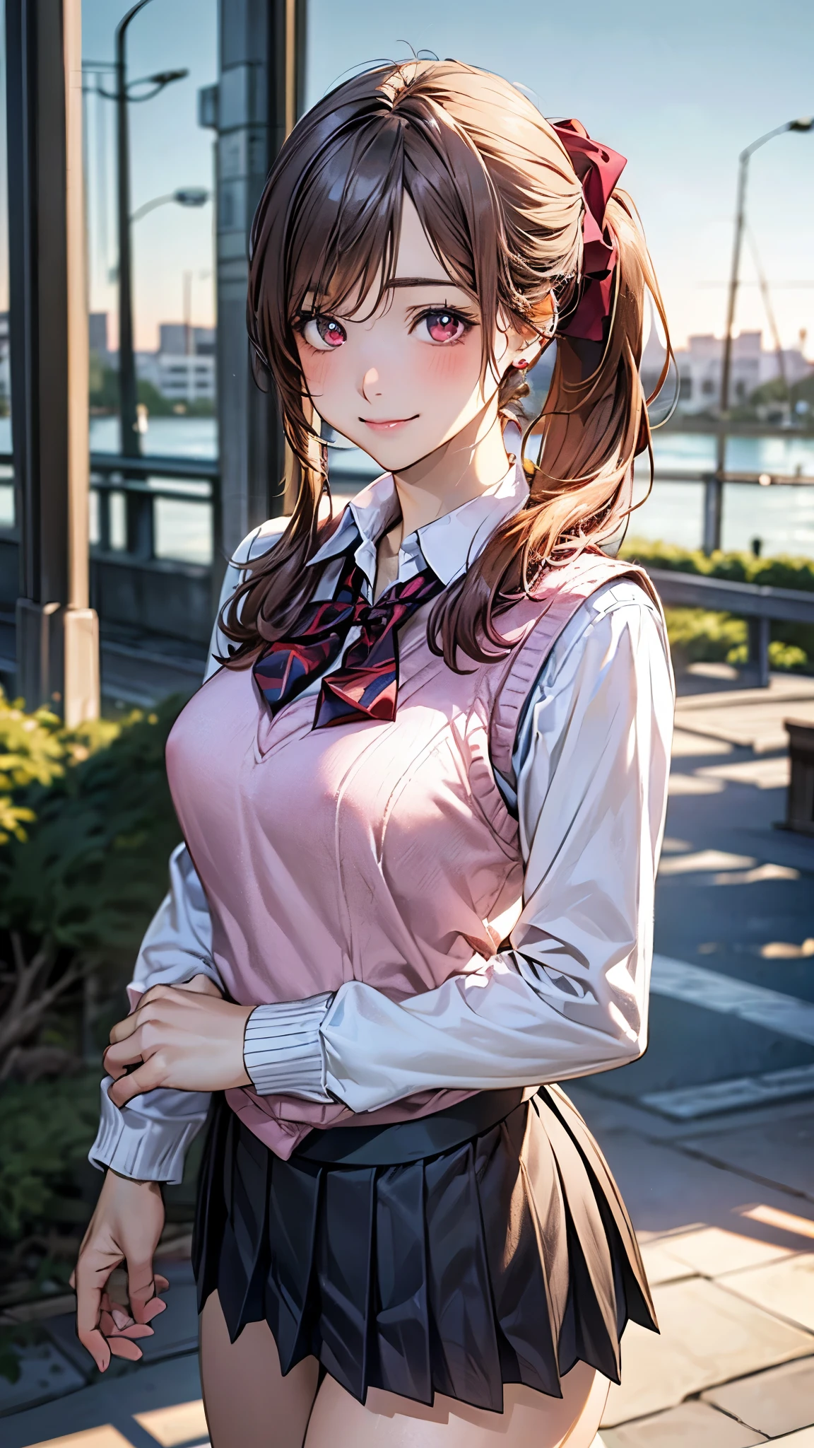 (masterpiece:1.2, top-quality), (realistic, photorealistic:1.4), beautiful illustration, (natural side lighting, movie lighting), nsfw,
looking at viewer, cowboy shot, front view:0.6, 1 girl, japanese, high school girl, perfect face, cute and symmetrical face, shiny skin,
(long hair:1.8, side ponytail:1.7, sidelocks, light pink hair), parted bangs, red eyes, long eye lasher, (large breasts:0.8, thick thighs),
beautiful hair, beautiful face, beautiful detailed eyes, beautiful clavicle, beautiful body, beautiful chest, beautiful thigh, beautiful legs, beautiful fingers,
((((long sleeve)), white collared shirts, navy pleated mini skirt, black socks, brown loafers, red bow tie, pastel pink sleeveless knitted vest)), pink panties,
(beautiful scenery), evening, riverside, walking, (lovely smile, upper eyes),