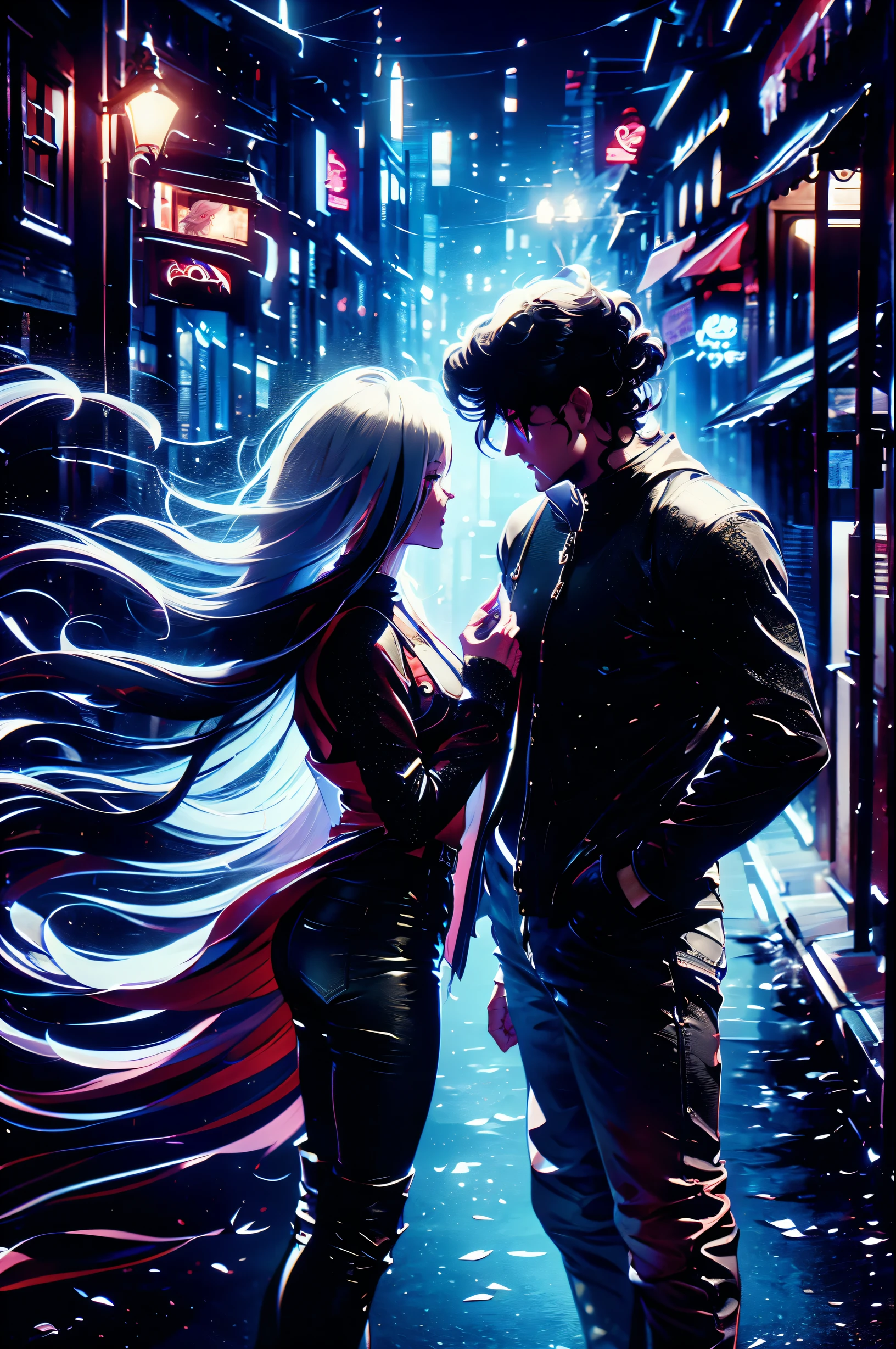 Couple in love: drow girl (long white hair, black jumpsuit) and this guy is a man (black wavy shoulder-length hair, dark fantasy doublet, Tight pants, Wellingtons), looking at each other on the street at night, fantasy style, high detail, a high resolution