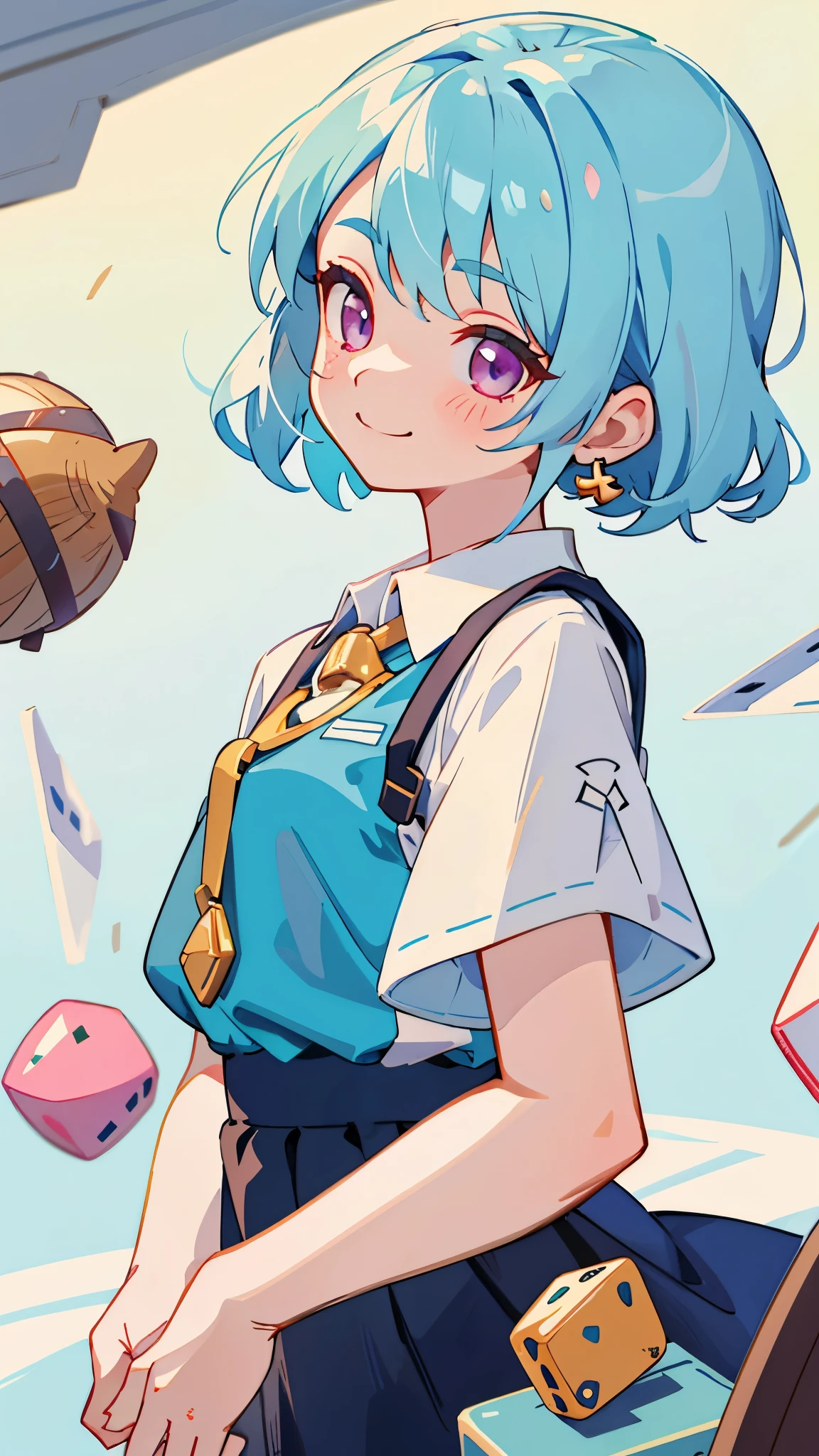  girl、light blue hair、pink eyes、acorn earrings、short sleeve shirt、black skirt、from side、Upper body、From above、smile、lots of dice