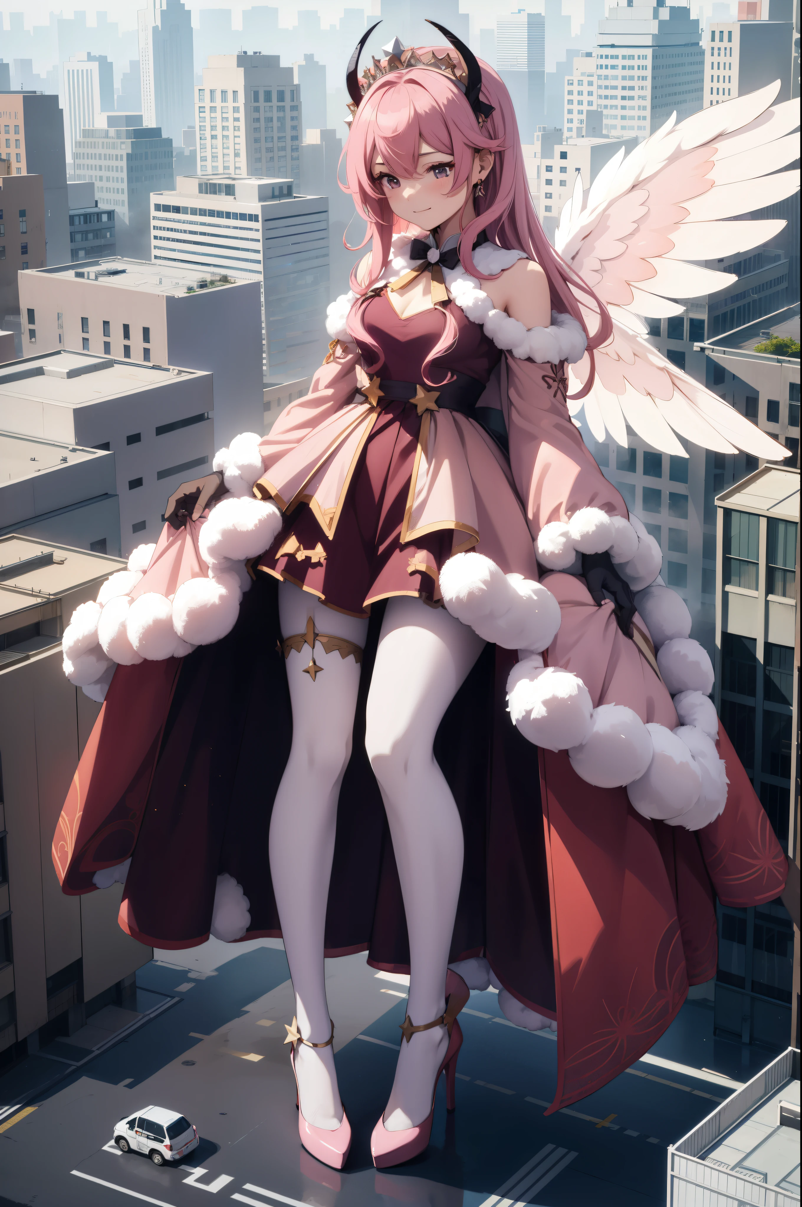 Aerial View,giant girl 50,000 feet high,Weight 1000kg,Has a pair of huge pink angel wings,With huge devil horns on his head,Has waist-length pink hair,loose hair,Pink wavy hair,pink crown,Wearing a pair of pink Mary Jane high heels,Pink lace gloves,Pink lace pantyhose,Bow and star embellished tights,粉色蕾丝whole body,Standing tall above the small town,Beautiful appearance,Exquisite makeup,quality,8k,高quality,Perfect proportion, Cinema lighting,film grain,Fuji colors,8k,textured skin,Super details,high detail,high resolution,fake smile,blood stains,脚底有blood stains,whole body,fat,feather