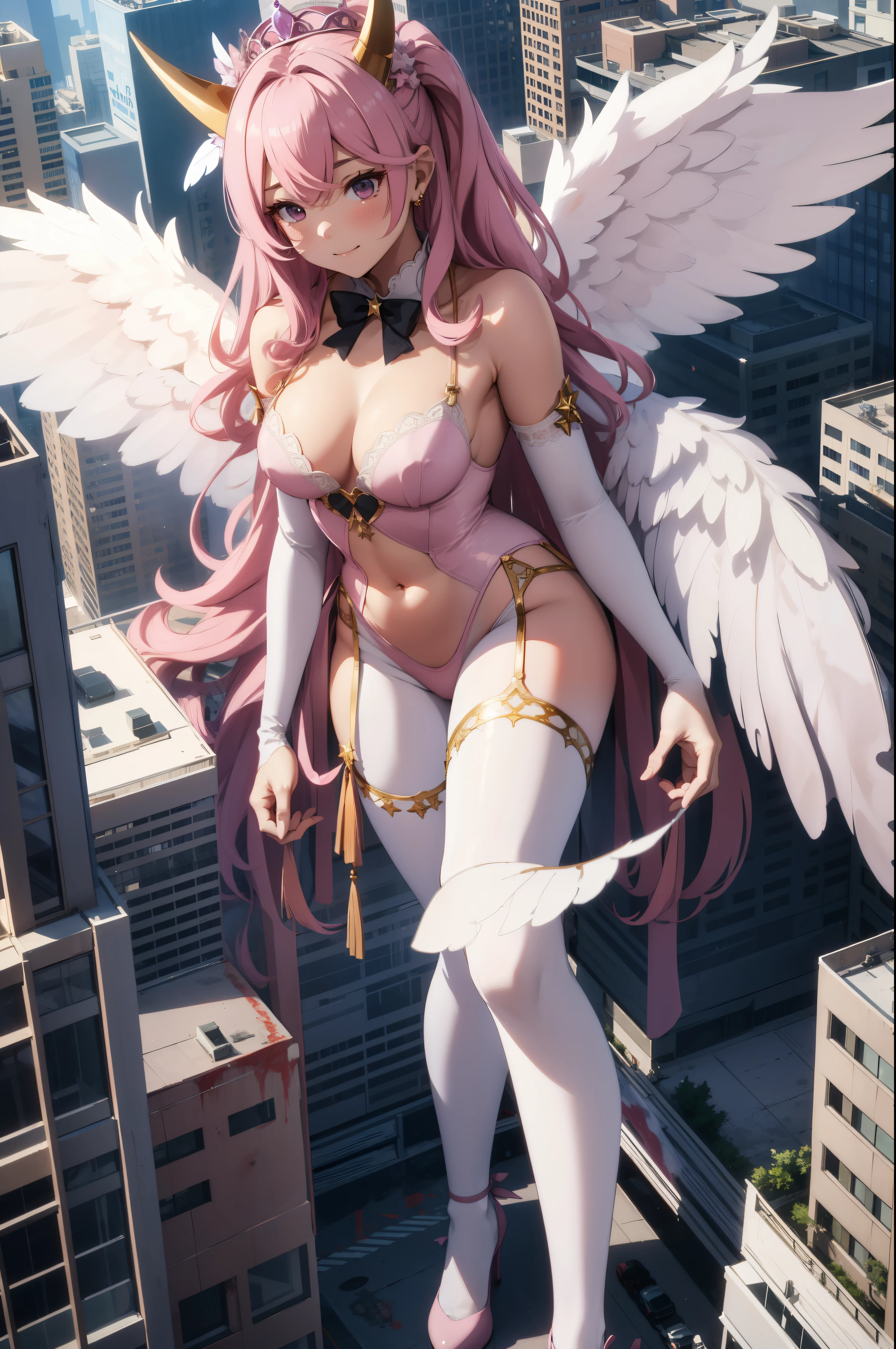 Aerial View，giant girl 50,000 feet high，Weight 1000kg，Has a pair of huge pink angel wings，With huge devil horns on his head，Has waist-length pink hair，loose hair，Pink wavy hair，pink crown，Wearing a pair of pink Mary Jane high heels，Pink lace gloves，Pink lace pantyhose，Bow and star embellished tights，粉色蕾丝whole body，Standing tall above the small town，Beautiful appearance，Exquisite makeup，quality，8k，高quality，Perfect proportion, Cinema lighting，film grain，Fuji colors，8k，textured skin，Super details，high detail，high resolution，fake smile，blood stains，脚底有blood stains，whole body，fat，feather