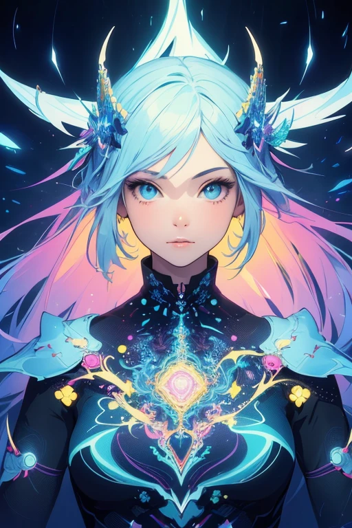 (masterpiece, best quality:1.2),(concept art、fractal art:1.5) ,(flat color:1.2),(2D:1.3),(fluorescence colour:1.5,colorful:1.2),looking at viewer,1girl,beautiful face,Gentle face,solo,upper body,floating colorful fluorescence,vivid color、Symmetrical
