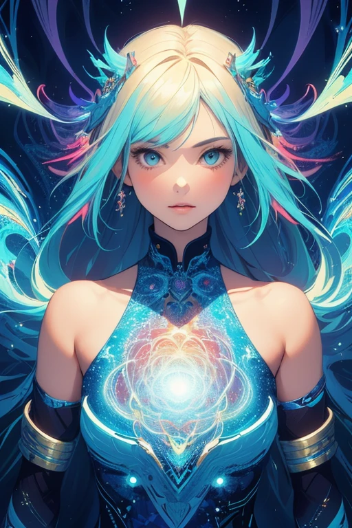 (masterpiece, best quality:1.2),(concept art、fractal art:1.5) ,(flat color:1.2),(2D:1.3),(fluorescence colour:1.5,colorful:1.2),looking at viewer,1girl,beautiful face,Gentle face,solo,upper body,floating colorful fluorescence,vivid color、Symmetrical
