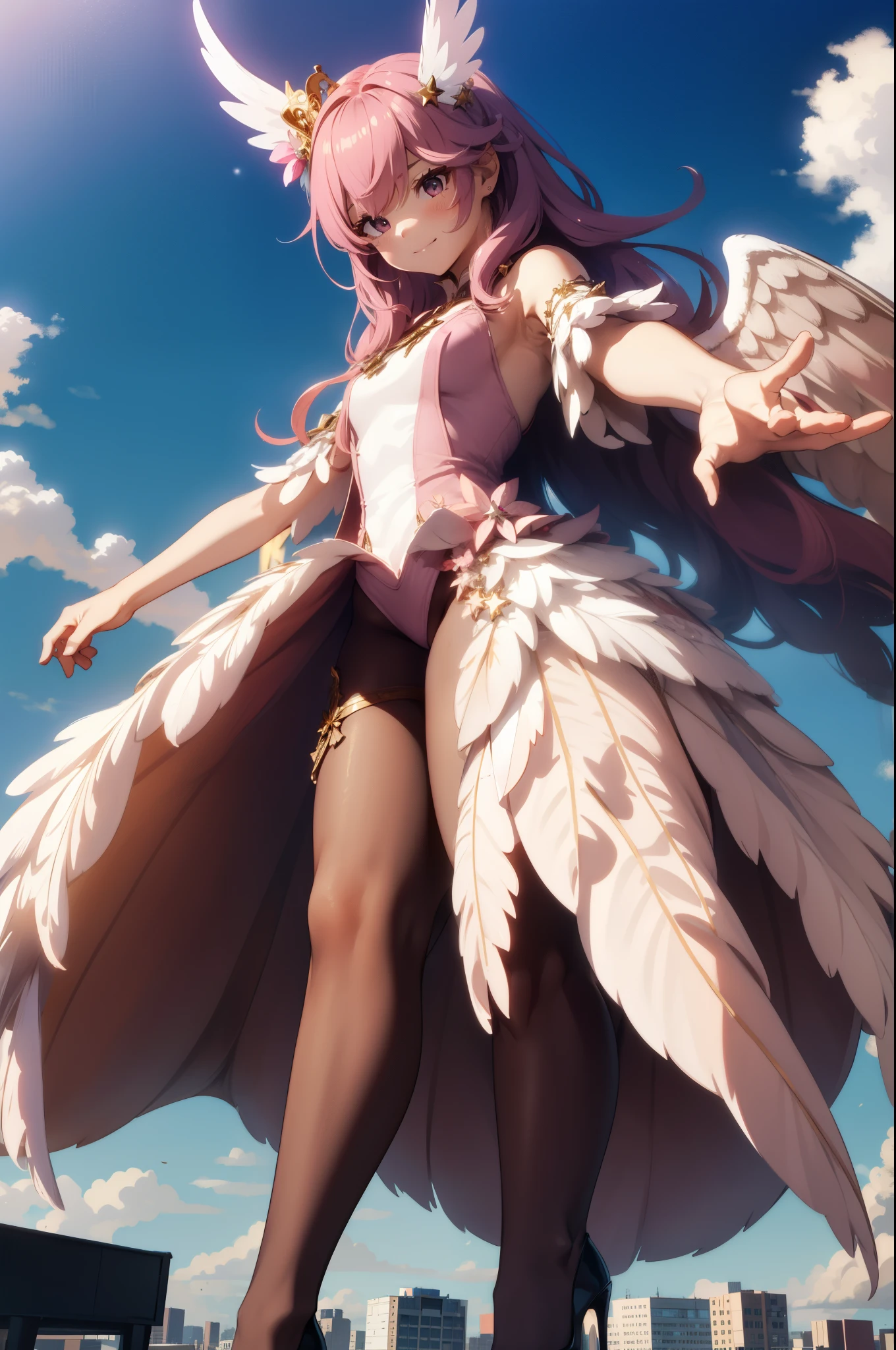 Aerial View，giant girl 50,000 feet high，Weight 1000kg，Has a pair of huge pink angel wings，With huge devil horns on his head，Has waist-length pink hair，loose hair，Pink wavy hair，Pink crown，Wearing a pair of pink Mary Jane high heels，Pink lace gloves，Pink lace pantyhose，Pantyhose with bow and star decorations，粉色蕾丝whole body，Standing upright on a small city，Beautiful appearance，Exquisite makeup，quality，8k，高quality，Perfect proportion, Cinema lighting，film grain，Fuji colors，8k，textured skin，Super details，high detail，high resolution，fake smile，blood stains，脚底有blood stains，whole body，Obese，feather