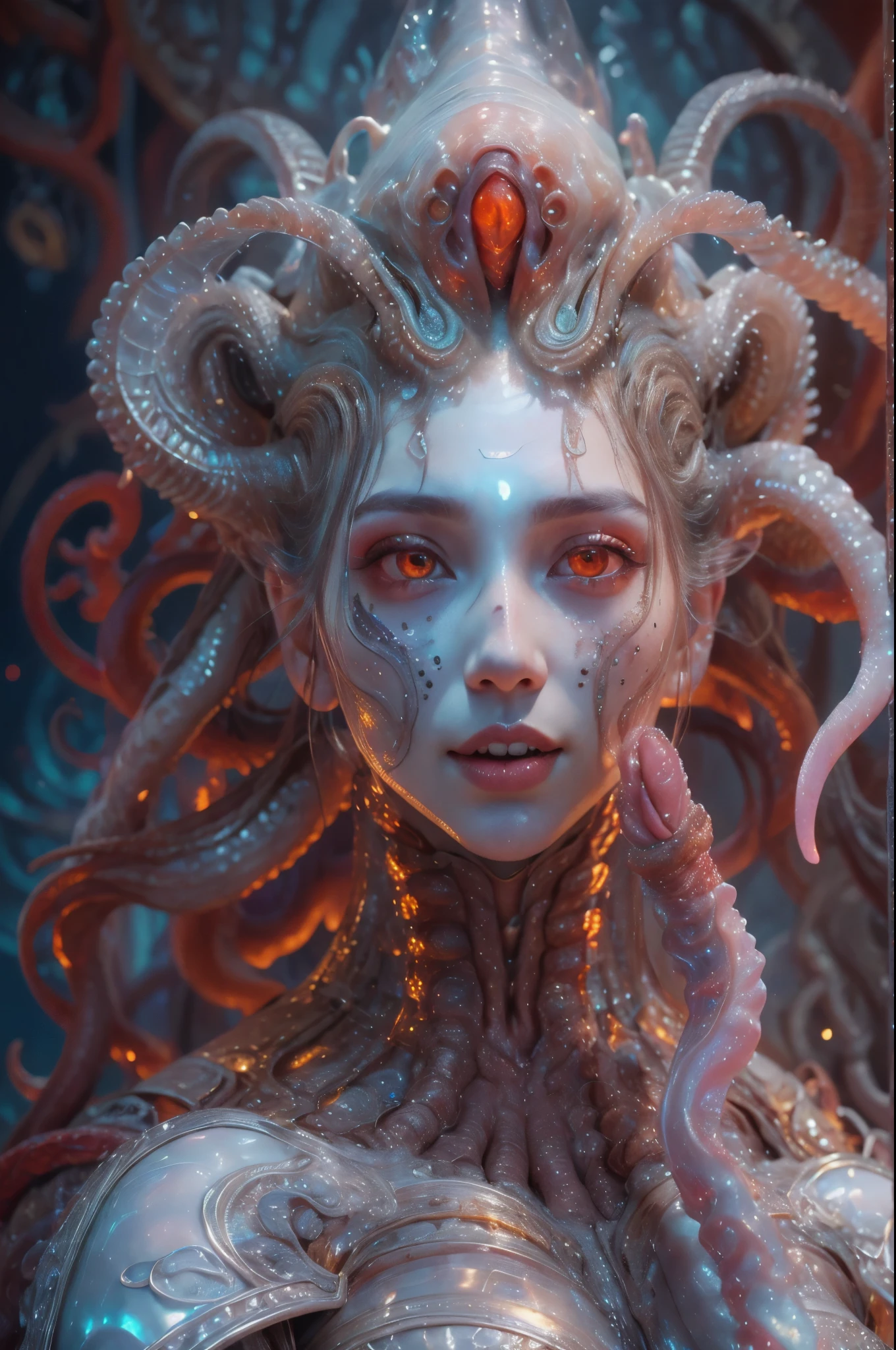 scary and sexy detailed art in color, Portrait, (beautiful and obscene female alien:1.4), (vulgarity1.7), (she has red eyes with no pupils:1.8), (Translucent white skin:1.7), (There is a female genital-like organ in the middle of the forehead:1.9), (The most beautiful face in the history of the universe:1.2),an evil gaze that seduces, (large mouth:1.1), (sharp teeth like a vampire:1.2), Full body portrait, (bio luminescent:1.5), (Smile wickedly:1.3), (sexypose:1.5), alien, No humans, cells are fused, (Lots of translucent tentacles:1.3) extraterrestrial, cell, bio image, best quality, 8K, In 4K_quality, High freshness, Dramatic Lighting, masutepiece:1.5,cinematic quality, detail up, (exquisite details:1.2), high resolution, High freshness, drawing faithfully, (Thick eyebrows:1.2), Beautiful eyes with fine symmetry,(Highly detailed face and eyes:1.2), Intimate face, (Super detailed skin quality feeling:1.4), perfect anatomy, (Beautiful toned body:1.5), (Moist skin:1.2), not wearing makeup, (dark circles:1.1), long canines, cinematic drawing of characters, ultra high quality model, cinematic quality, detail up, (exquisite details:1.2), high resolution, High freshness, drawing faithfully, official art, Unity 8K Wall paper, best quality, Very high resolution, ultra detailed artistic photography, midnight aura, unreal engine 5, Ultra Sharp Focus, art by Amano Yoshitaka, ArtGerm, Roisch, intricate artwork, best quality, masterpiece, ultra high resolution, (photos realistic:1.4), ultra realistic realism, dream-like, nautilus, Creation of fantasy, Snail, Dream Snail, (biopunk nautilus:1.3),Thrilling color schemes, ultra realistic realism, seductively smiling, Blue tentacles, Amazing mutation, well-proportioned body, goddess of the deep sea