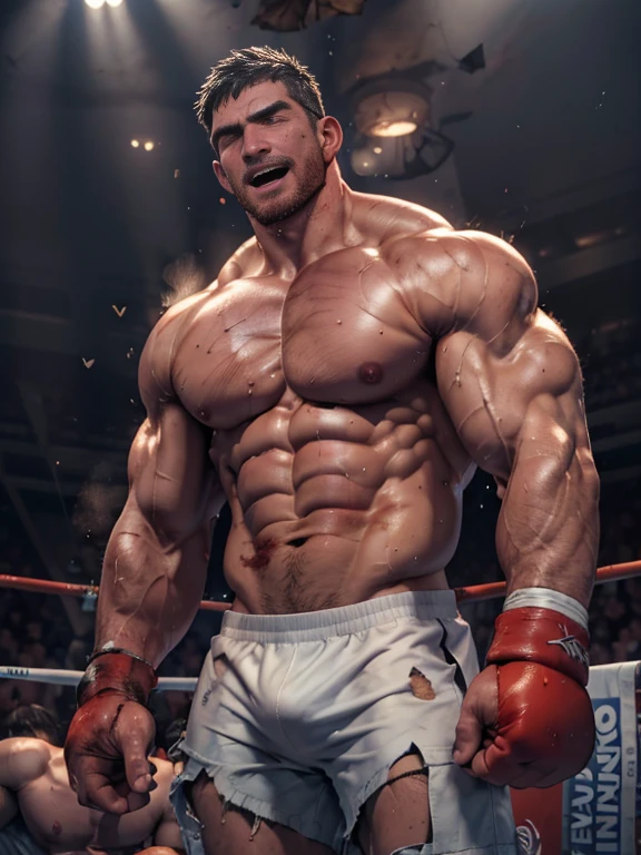 3D Photorealistic, Masterpiece realistic, best high quality, perfect details, RAW Photo, intricate details, nice lighting, 4K, detailed background, In the championship boxing match, A determined muscular boxing champion 45-year-old man, perfect wrinkle wearing pure white boxing trunk and red boxing gloves. wide abs (wide abs:1.4). His faces marked with grit and determination. Crowded audiences and nice lighting, nice face lighting, serving a boxing battleground. The banner signs overhead cast a surreal, flickering glow, adding to the atmosphere of raw energy. He looks firm in powerful boxing stances, as ready to start the fight in a next second. Unnoticed by the world beyond. It's a fight born of pride, rivalry, or perhaps a deeper conflict and pride, and it rages on with an intensity that can only be found in the unforgiving boxing stadium of the city. Intricate details, details of physic muscle, perfect body anatomy, perfect hand anatomy. hot beard, (look at viewer:1.6), (straight face:1.2), view from bottom (view from bottom:1.3), mouth open (mouth open:1.2), destroyed (destroyed:1.8), exhausted (exhausted:1.9), dominated (dominated:1.8), bruises (bruises:1.9), shirtless (shirtless:1.9), bodily fluid (bodily fluid:1.8), weaken body (weaken body:1.9), bruised body (bruised body:1.99), bruised abs (bruised abs:1.99), bloody abs (bloody abs:1.9), groaning, vomiting, puking, blook puking, blood vomiting (blood vomiting:1.8), saliva puking, saliva vomiting (saliva vomiting:1.79).