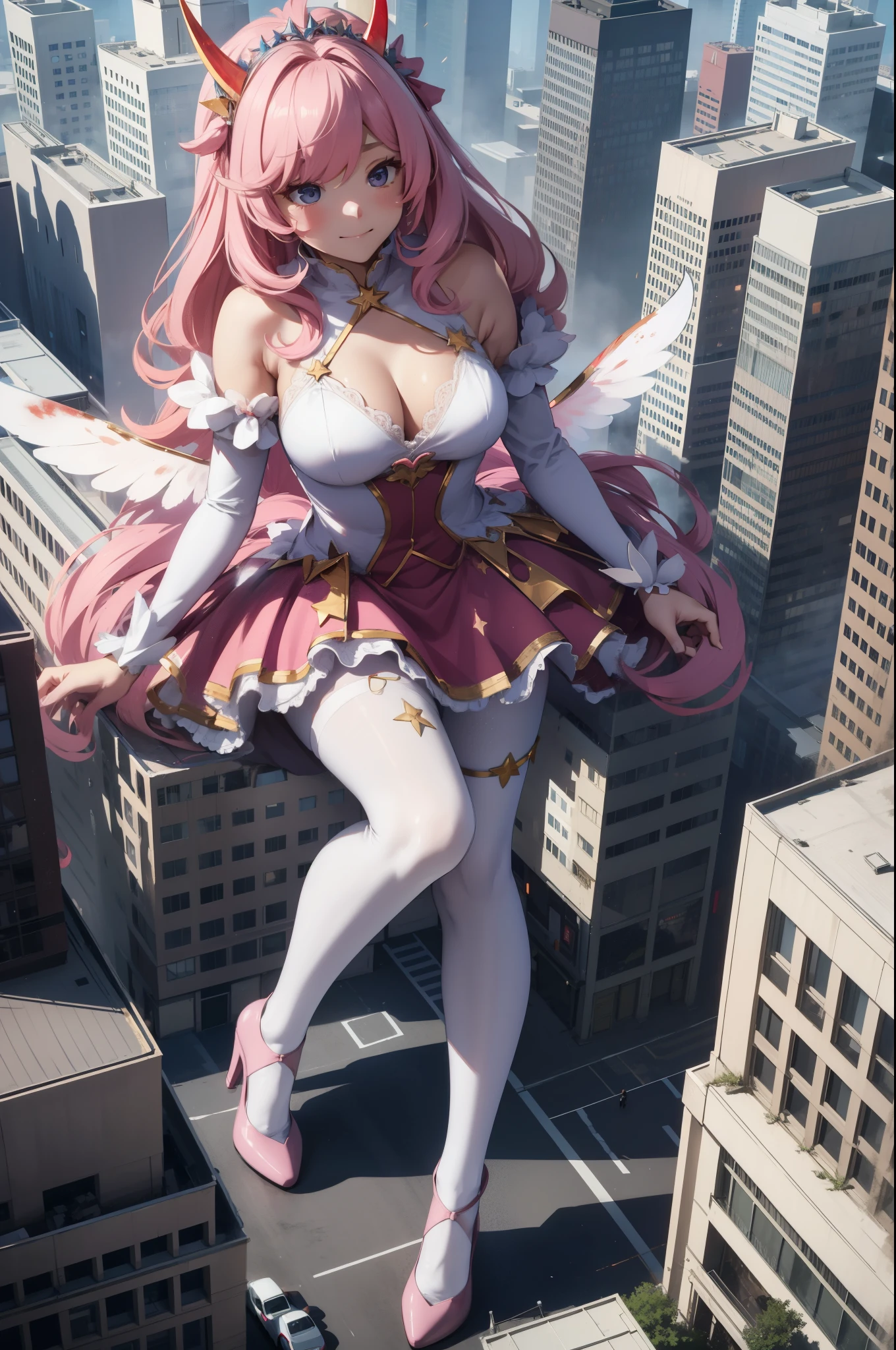 Aerial View，giant girl 50,000 feet high，Weight 1000kg，Has a pair of huge pink angel wings，With huge devil horns on his head，Has waist-length pink hair，loose hair，Pink wavy hair，Pink crown，Wearing a pair of pink Mary Jane high heels，Pink lace gloves，Pink lace pantyhose，Pantyhose with bow and star decorations，粉色蕾丝whole body，Standing upright on a small city，Beautiful appearance，Exquisite makeup，quality，8k，高quality，Perfect proportion, Cinema lighting，film grain，Fuji colors，8k，textured skin，Super details，high detail，high resolution，fake smile，blood stains，脚底有blood stains，whole body，Obese，feather