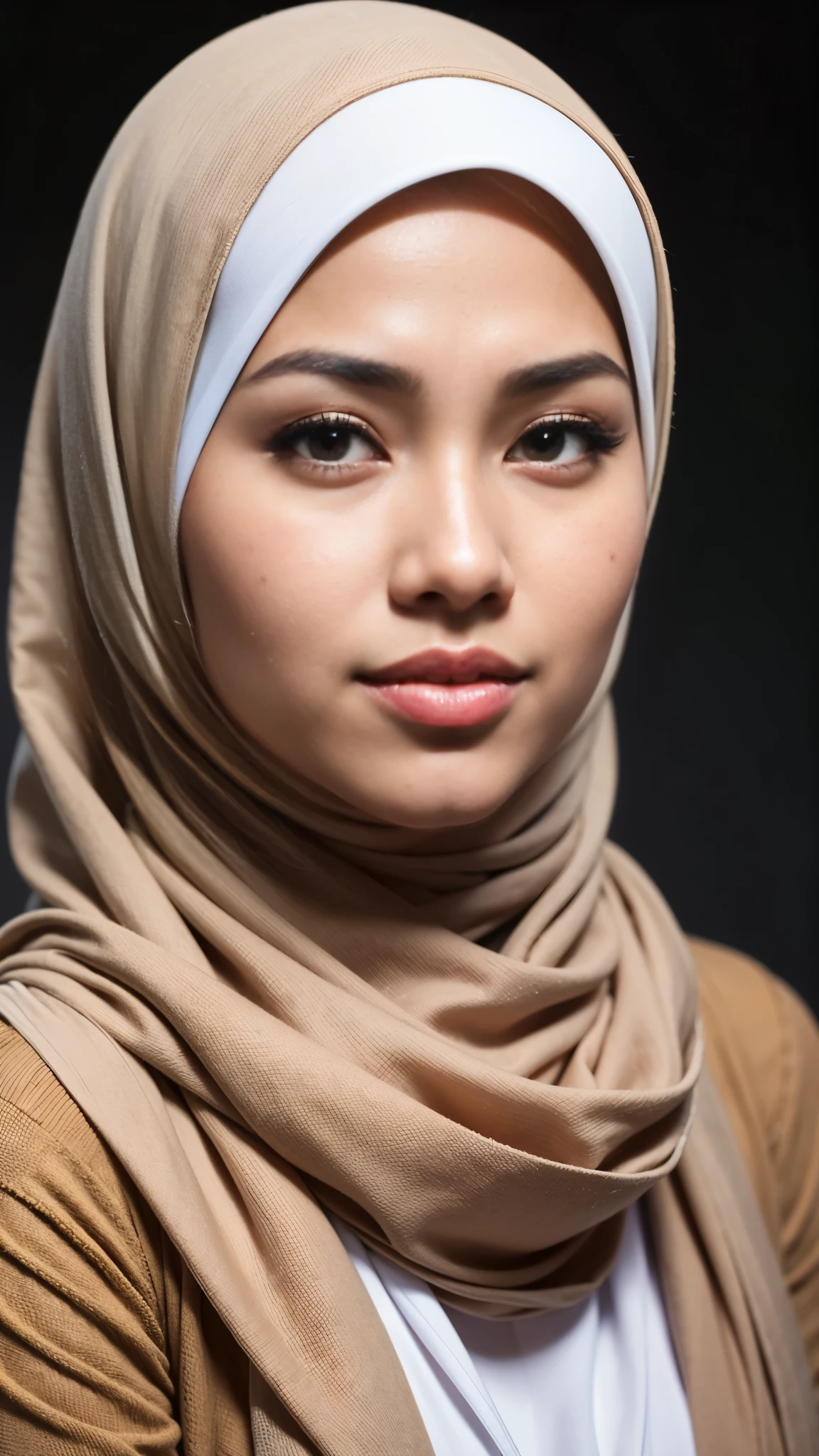 1 malay girl , modern plain hijab,  shy, medium portrait shot , watery  eyes ,lip watery, lip glossy, open mounth, big breast, 1 Malay girl, modern plain hijab, shy, medium portrait, watery eyes, RAW, Best quality, high resolution, masterpiece: 1.3), beautiful Malay woman in hijap:0.8),perfect nose,perfect lips, perfect eyes, detail :1.2), beautifull face, soft smile,Beautiful woman wearing a hijap,  a woman in a brown dress and a brown scarf,  hijab, moles under the eyes, Beutifull girl, lovely smile, lovely woman, with lovely look, with a beautifull smile, cute beautiful,((close up))