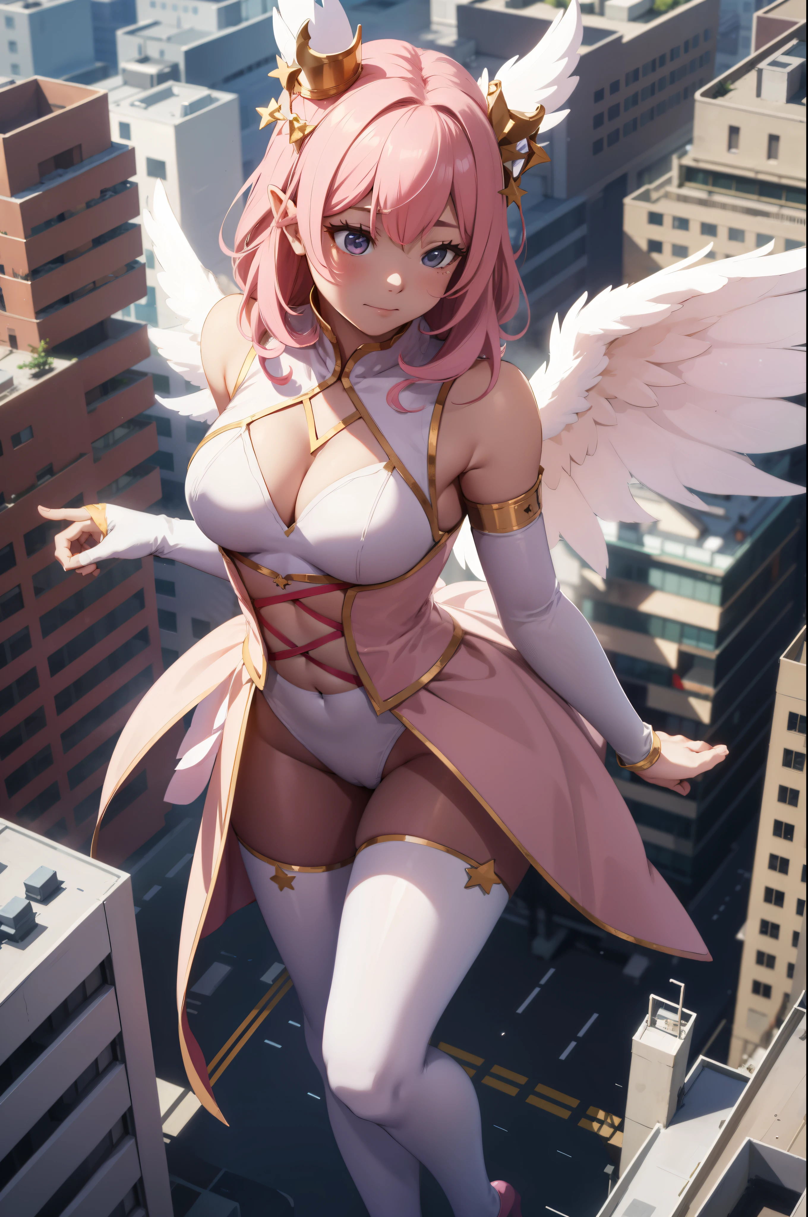 Aerial View，giant girl 50,000 feet high，Weight 1000kg，Has a pair of huge pink angel wings，With huge devil horns on his head，Has waist-length pink hair，loose hair，Pink wavy hair，pink crown，Wearing a pair of pink Mary Jane high heels，Pink lace gloves，Pink lace pantyhose，Bow and star embellished tights，粉色蕾丝whole body，Standing tall above the small town，Beautiful appearance，Exquisite makeup，quality，8k，高quality，Perfect proportion, Cinema lighting，film grain，Fuji colors，8k，textured skin，Super details，high detail，high resolution，fake smile，blood stains，脚底有blood stains，whole body，fat，feather