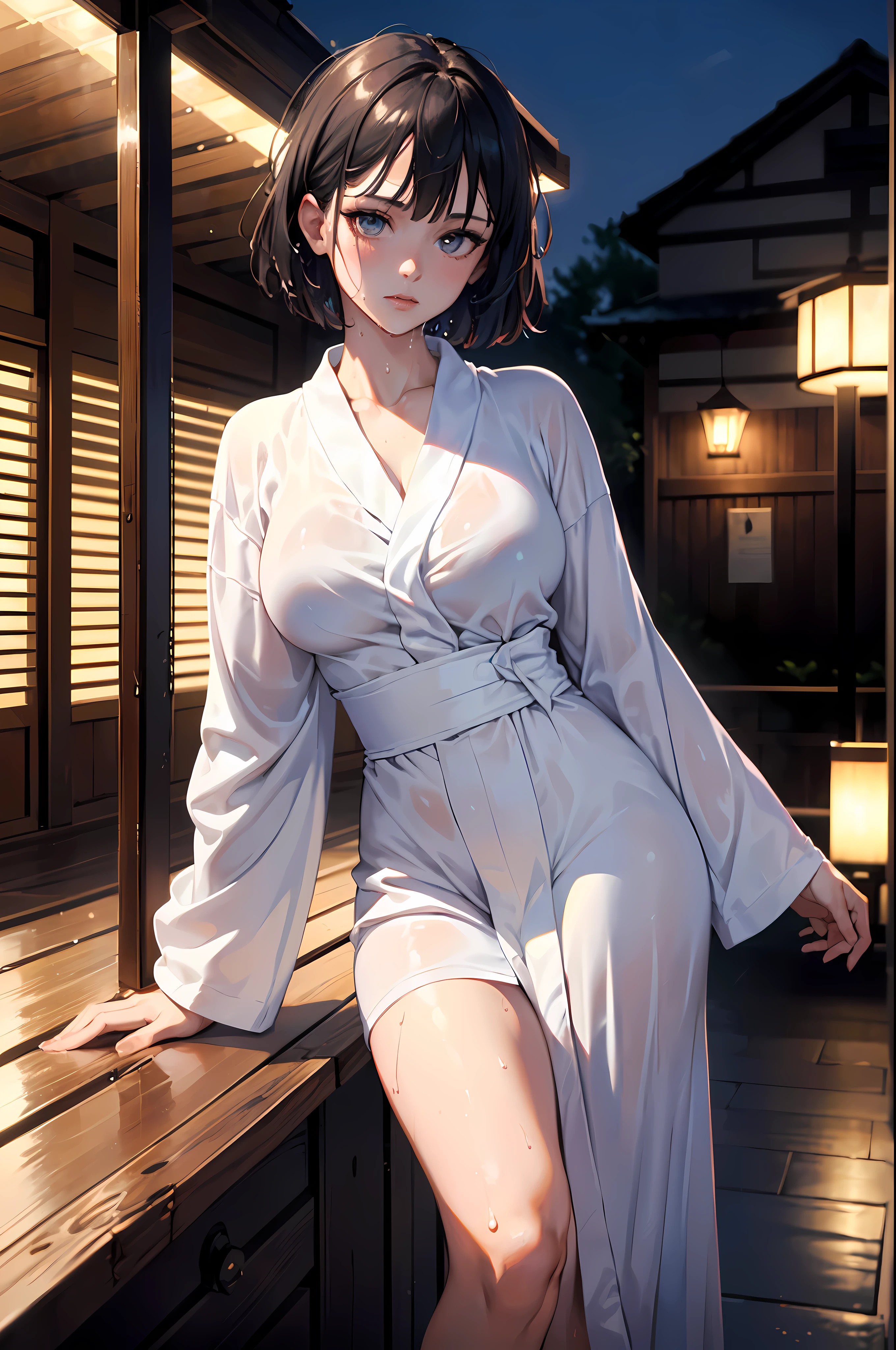 ((((masterpiece, best quality, high resolution)))), very detailed 8K, Beautiful girl with a slender body, (Ultra HD, very detailed, very detailed, very realistic, surreal, realistic photo), (1 woman:1.5), (Realistic black hair), (short wavy hair), bob cuts, Towards the camera, (Beautiful detailed face, beautiful and delicate eyes), wide hips, (huge breasts), (onsen:1.2), (night), (wet), (White_Bathrobe:1.3),(outdoor),(cowboy_firing:1.3),seat