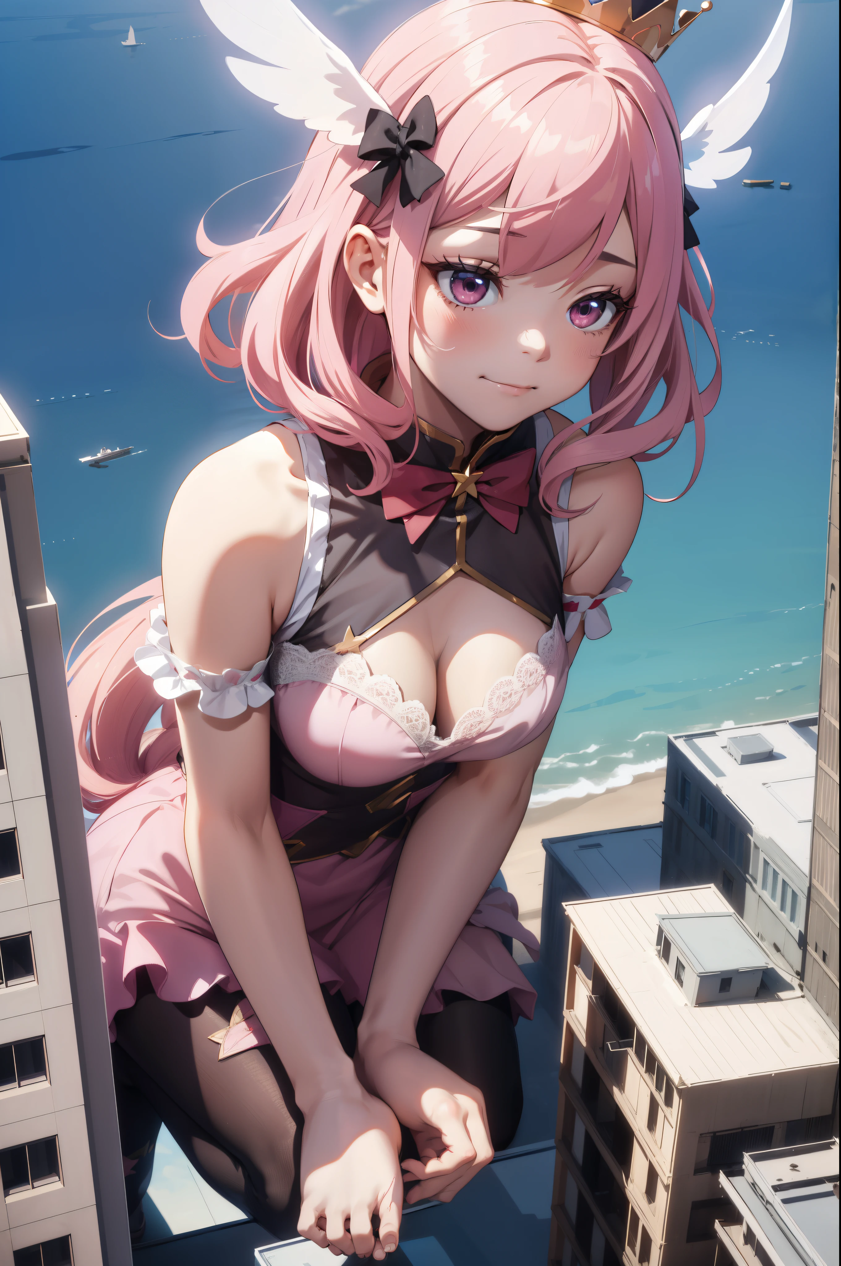 Aerial View，giant girl 50,000 feet high，Weight 1000kg，Has a pair of huge pink angel wings，With huge devil horns on his head，Has waist-length pink hair，loose hair，Pink wavy hair，pink crown，Wearing a pair of pink Mary Jane high heels，Pink lace gloves，Pink lace pantyhose，Bow and star embellished tights，粉色蕾丝whole body，Standing tall above the small town，Beautiful appearance，Exquisite makeup，quality，8k，高quality，Perfect proportion, Cinema lighting，film grain，Fuji colors，8k，textured skin，Super details，high detail，high resolution，fake smile，blood stains，脚底有blood stains，whole body，fat，feather