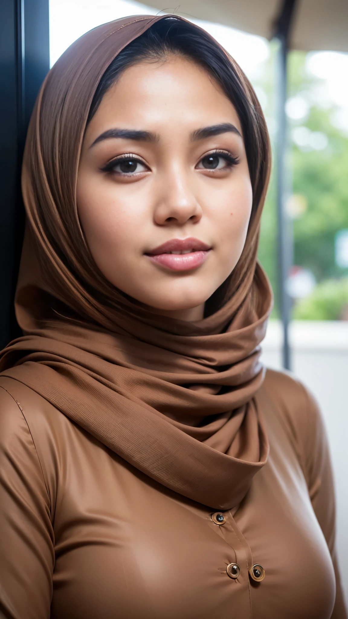 1 malay girl , modern plain hijab,  shy, medium portrait shot , watery  eyes ,lip watery, lip glossy, open mounth, big breast, 1 Malay girl, modern plain hijab, shy, medium portrait, watery eyes, RAW, Best quality, high resolution, masterpiece: 1.3), beautiful Malay woman in hijap:0.8),perfect nose,perfect lips, perfect eyes, detail :1.2), beautifull face, soft smile,Beautiful woman wearing a hijap,  a woman in a brown dress and a brown scarf,  hijab, moles under the eyes, Beutifull girl, lovely smile, lovely woman, with lovely look, with a beautifull smile, cute beautiful,((close up))