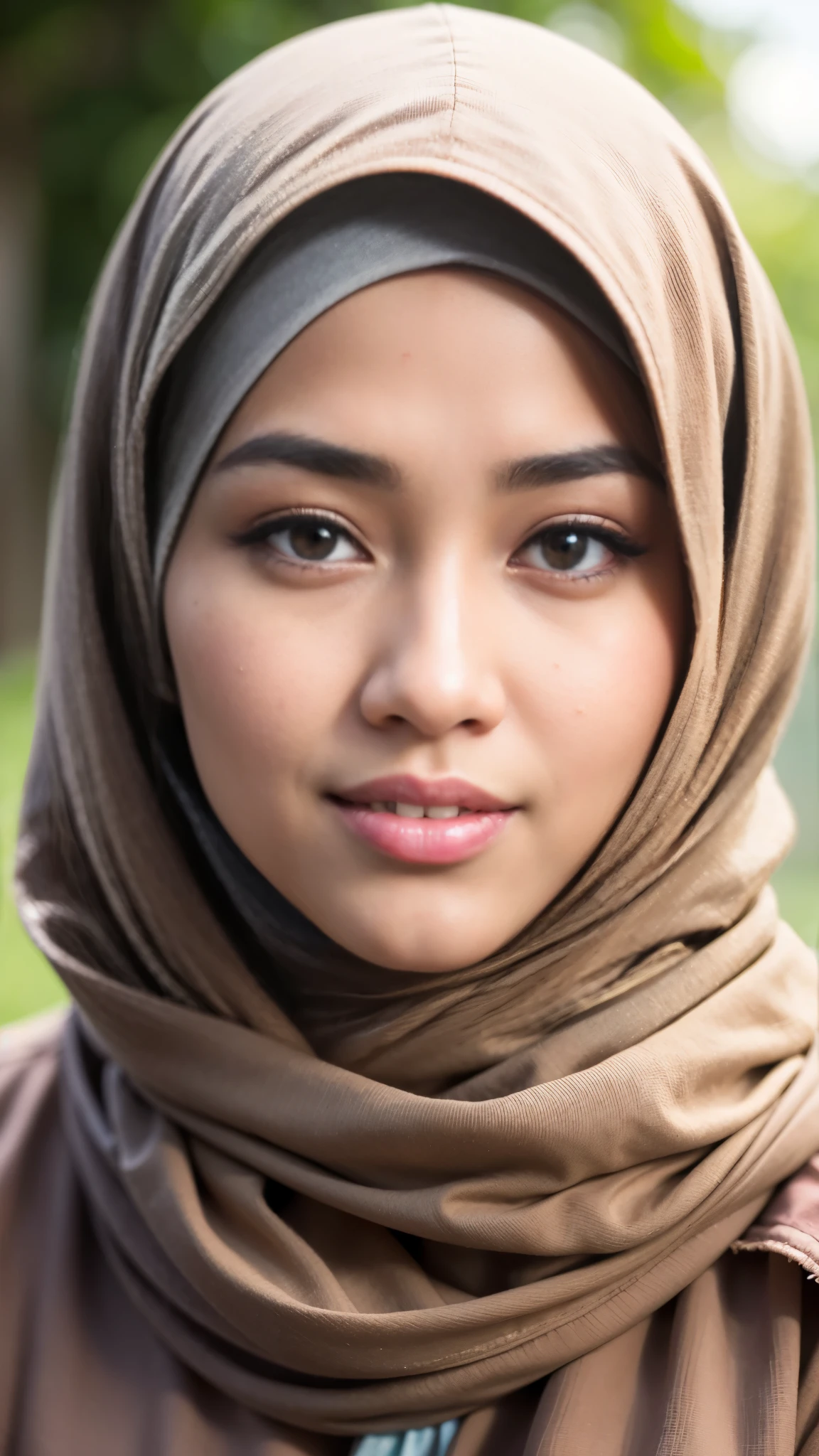1 malay girl , modern plain hijab, shy, medium portrait shot , watery eyes ,lip watery, lip glossy, open mounth, big breast, 1 Malay girl, modern plain hijab, shy, medium portrait, watery eyes, RAW, Best quality, high resolution, masterpiece: 1.3), beautiful Malay woman in hijap:0.8),perfect nose,perfect lips, perfect eyes, detail :1.2), beautifull face, soft smile,Beautiful woman wearing a hijap, a woman in a brown dress and a brown scarf, hijab, moles under the eyes, Beutifull girl, lovely smile, lovely woman, with lovely look, with a beautifull smile, cute beautiful,((close up))