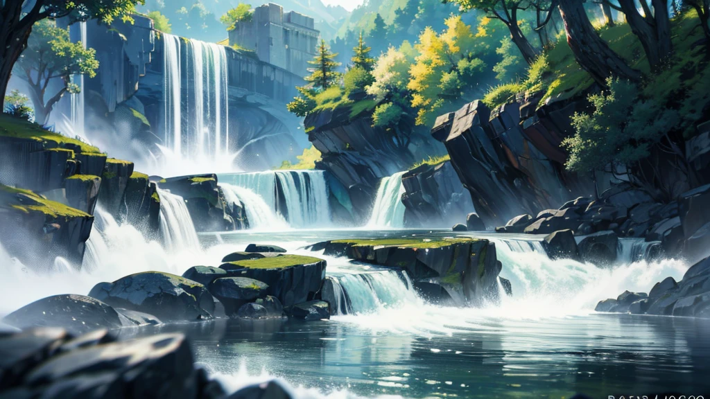 Chaotic rushing waterfalls in tranquil beautiful landscapes, ray tracing, detailed reflections, intricacies, high detail, drama, masterpieces of the best quality, photorealistic realism, detail, 8k, HDR, backlight, halo, flash, chromatic aberration, sharp focus
