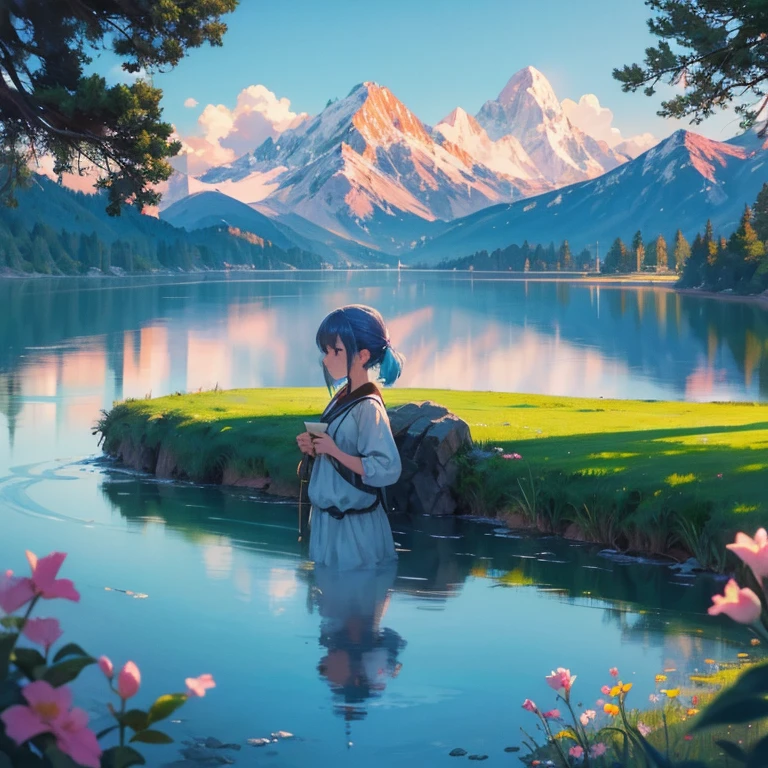 obra maestra, Mejor calidad, alta calidad, Fondo de pantalla CG unity 8k extremadamente detallado, paisaje, exterior, cielo, Nube, cielo, chica de cabello azul, mountain, paisaje, agua, tree, blue cielo, aguafall, acantilado, naturaleza, lago, river , Nubey skies, award-winning photography, bokeh, profundidad de campo, HDR, bloom, chromatic aberration, fotorrealismo, Muy detallado, tendencia en artstation, tendencias en cgsociety, intrincado, Alto detalle, dramatic, arte a mitad de camino