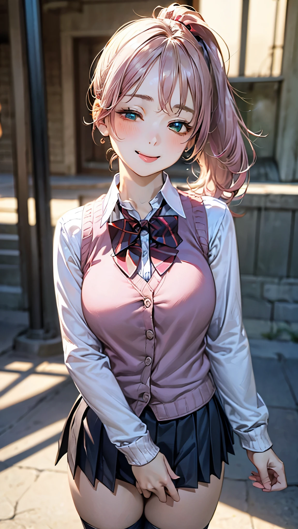 (masterpiece:1.2, top-quality), (realistic, photorealistic:1.4), beautiful illustration, (natural side lighting, movie lighting), nsfw,
looking at viewer, cowboy shot, front view:0.6, 1 girl, japanese, high school girl, perfect face, cute and symmetrical face, shiny skin,
(long hair:1.8, side ponytail:1.7, sidelocks, light pink hair), parted bangs, emerald green eyes, long eye lasher, (large breasts:0.8, thick thighs),
beautiful hair, beautiful face, beautiful detailed eyes, beautiful clavicle, beautiful body, beautiful chest, beautiful thigh, beautiful legs, beautiful fingers,
((((long sleeve)), roll up sleeves, white collared shirts, navy pleated mini skirt, black socks, brown loafers, red bow tie, pastel pink sleeveless knitted vest, black headband)), pink panties,
(beautiful scenery), evening, riverside, standing, (tongue, one eye closed, wink, lovely smile, upper eyes),