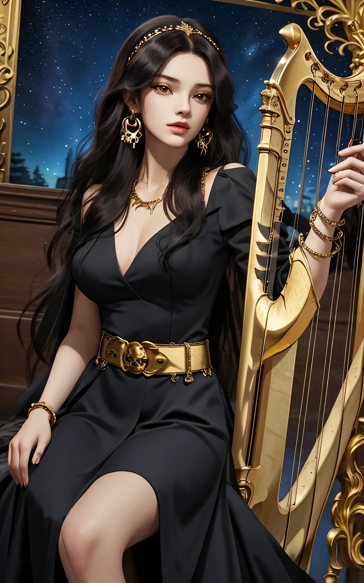 1 girl, solo, details, masterpiece, best quality, photorealistic realism, beautiful girl, long hair, black hair, skull headband, gold earrings, red eyes, beautiful face, skull necklace, perfect body, large breast, open chest, black long dress, skull bracelet, gold earrings, gold belt, musical instrument, harp, sit on ancient chair, dark sky, dark temple,
