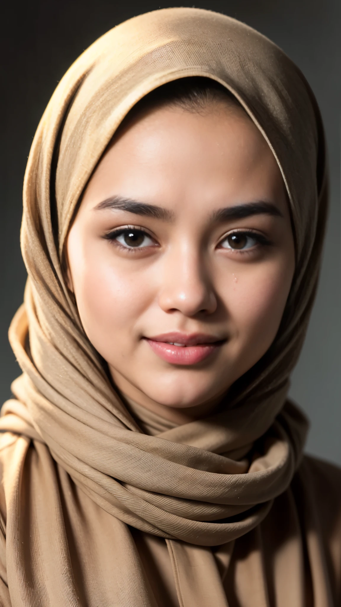 1 malay girl , modern plain hijab, shy, medium portrait shot , watery eyes ,lip watery, lip glossy, open mounth, big breast, 1 Malay girl, modern plain hijab, shy, medium portrait, watery eyes, RAW, Best quality, high resolution, masterpiece: 1.3), beautiful Malay woman in hijap:0.8),perfect nose,perfect lips, perfect eyes, detail :1.2), beautifull face, soft smile,Beautiful woman wearing a hijap, a woman in a brown dress and a brown scarf, hijab, moles under the eyes, Beutifull girl, lovely smile, lovely woman, with lovely look, with a beautifull smile, cute beautiful,((close up))