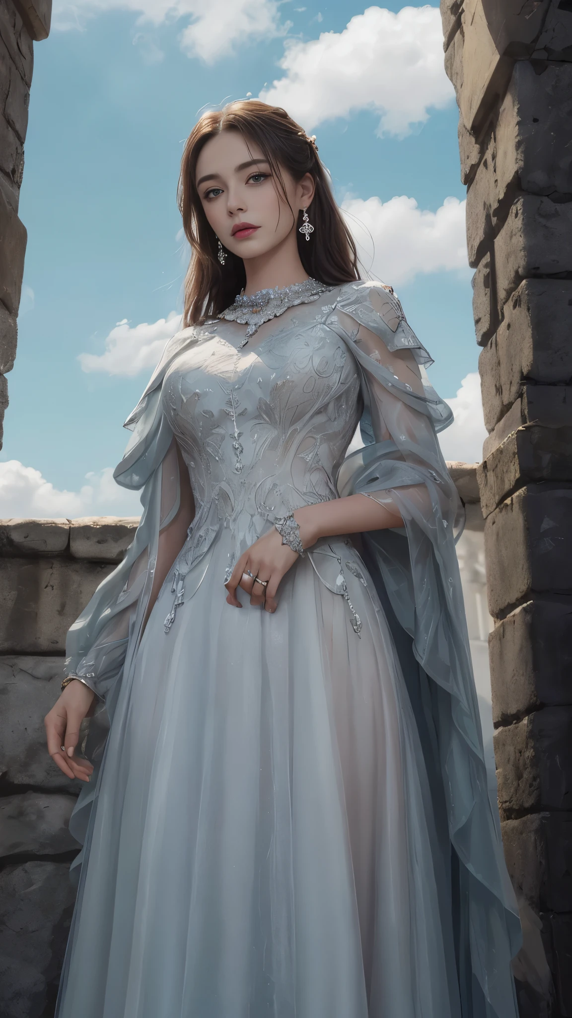 8K, Ultra HD, HD Color, ​masterpiece, 1 girl, good face, Luminous Eyes, detailed lips, ultra long hair, (rob green dress:1.5), (jewellery:1.5), Super artistic, cloudy sky background, morning, dark shadow,