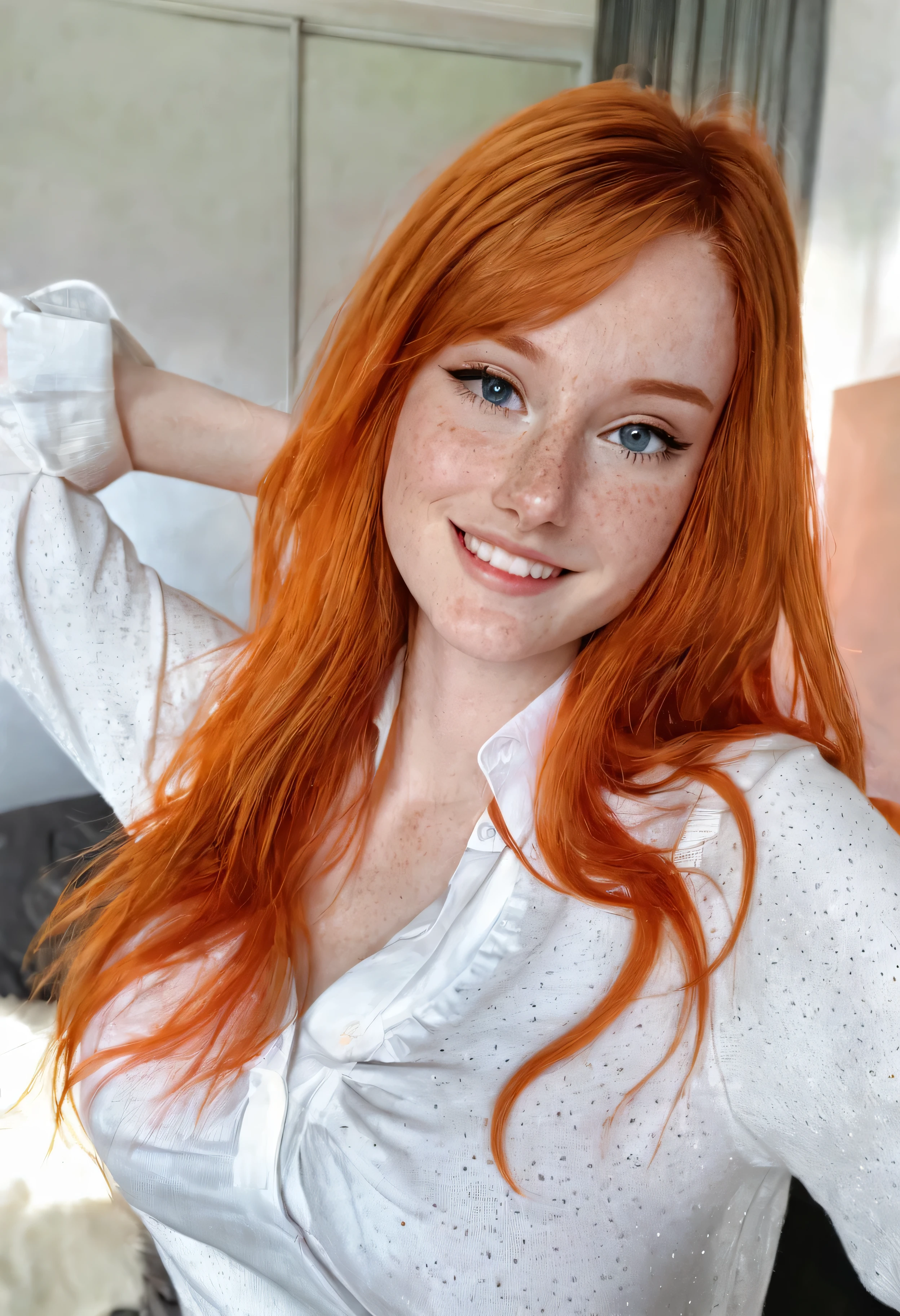 photo of LiluCinnamon, long hair, smile, shirt, closed mouth, white shirt, upper body, indoors, orange hair, sweater, realistic, body freckles