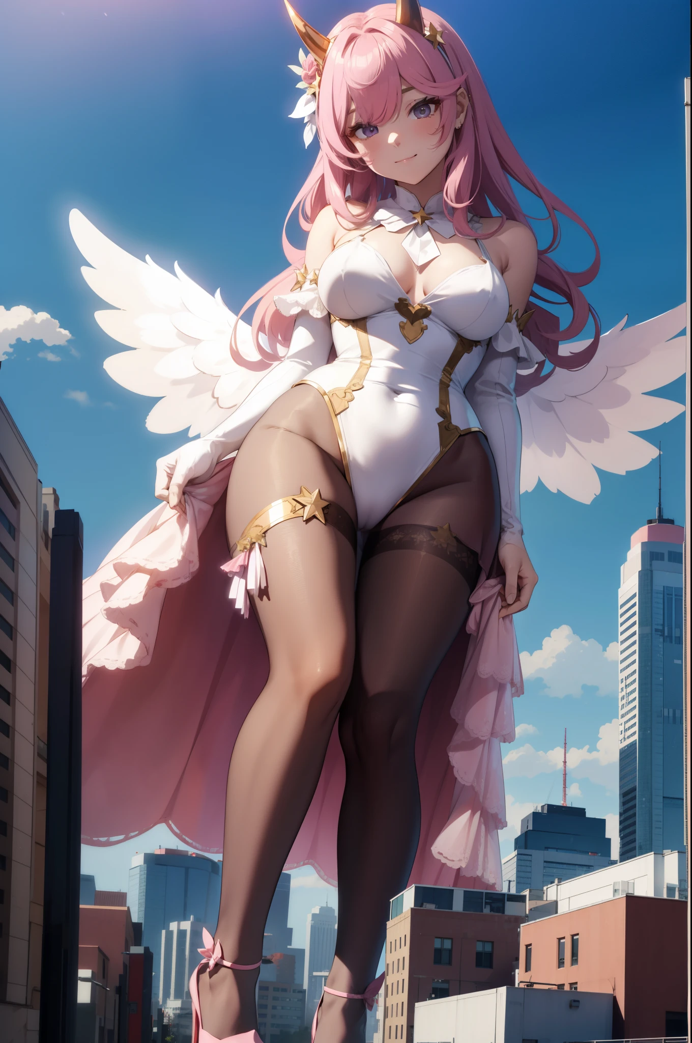 Aerial View,giant girl 50,000 feet high,Weight 1000kg,Has a pair of huge pink angel wings,With huge devil horns on his head,Has waist-length pink hair,loose hair,Pink wavy hair,Pink crown,Wearing a pair of pink Mary Jane high heels,Pink lace gloves,Pink lace pantyhose,Pantyhose with bow and star decorations,粉色蕾丝whole body,Standing upright on a small city,Beautiful appearance,Exquisite makeup,quality,8k,高quality,Perfect proportion, Cinema lighting,film grain,Fuji colors,8k,textured skin,Super details,high detail,high resolution,fake smile,blood stains,脚底有blood stains,whole body,Obese,feather