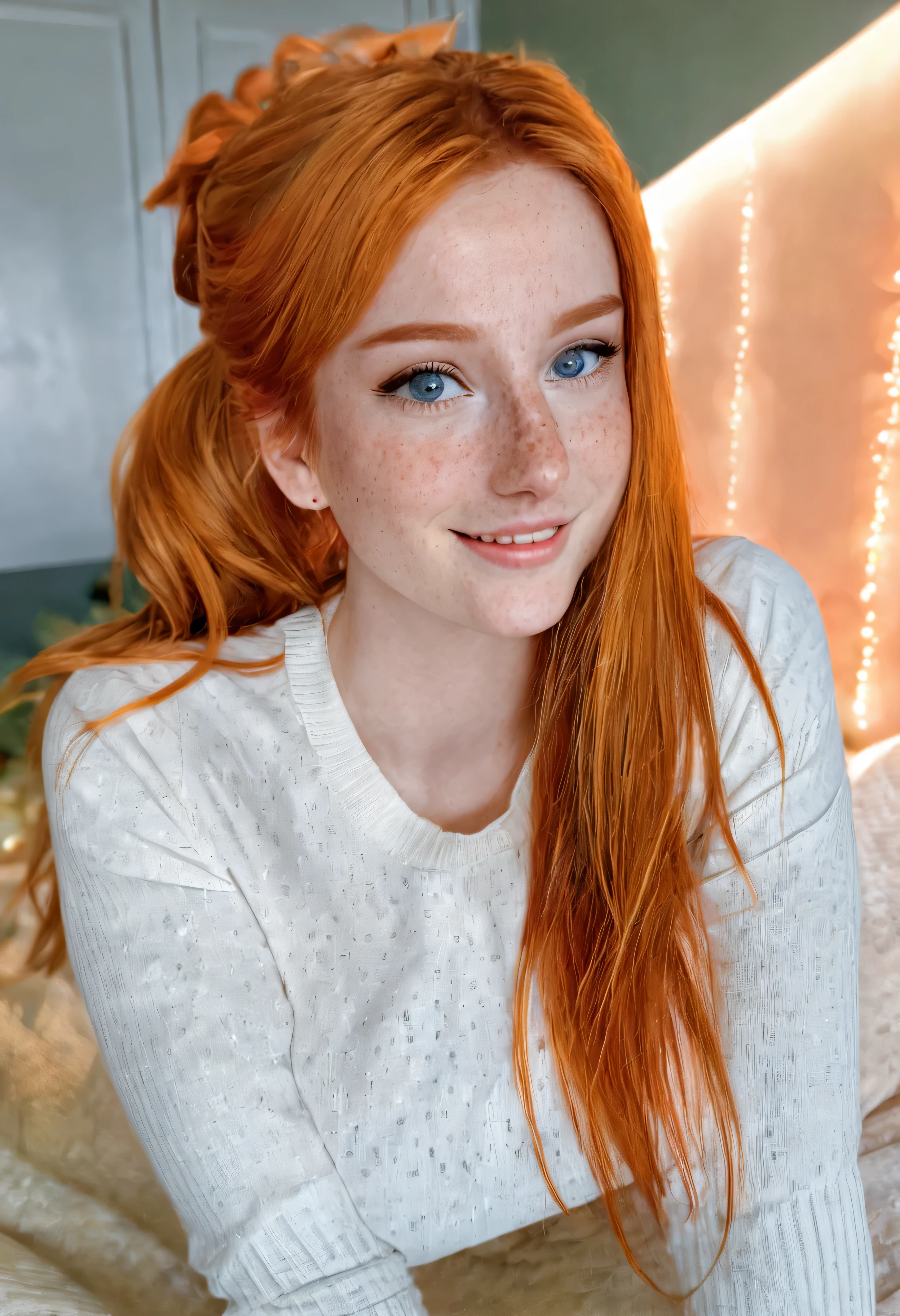 photo of LiluCinnamon, long hair, smile, shirt, closed mouth, white shirt, upper body, indoors, orange hair, sweater, realistic, body freckles