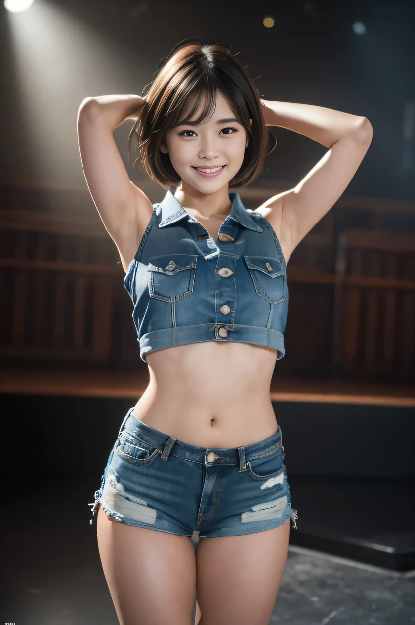 The beauty of 8K raw photos:2.0, short hair, 25 years old, great face and dark eyes, stare at the camera, smile full of joy:1.6, show teeth, put hands behind head, dynamic pose, model&#39;s stance, （white sleeveless, denim shorts:1.2)、wear sneakers:1.4, realistic:1.9, very detailed CG 統合 8k 壁紙, very detailed, High resolution RAW color photos, professional photos, shot on stage, girl sexy portrait