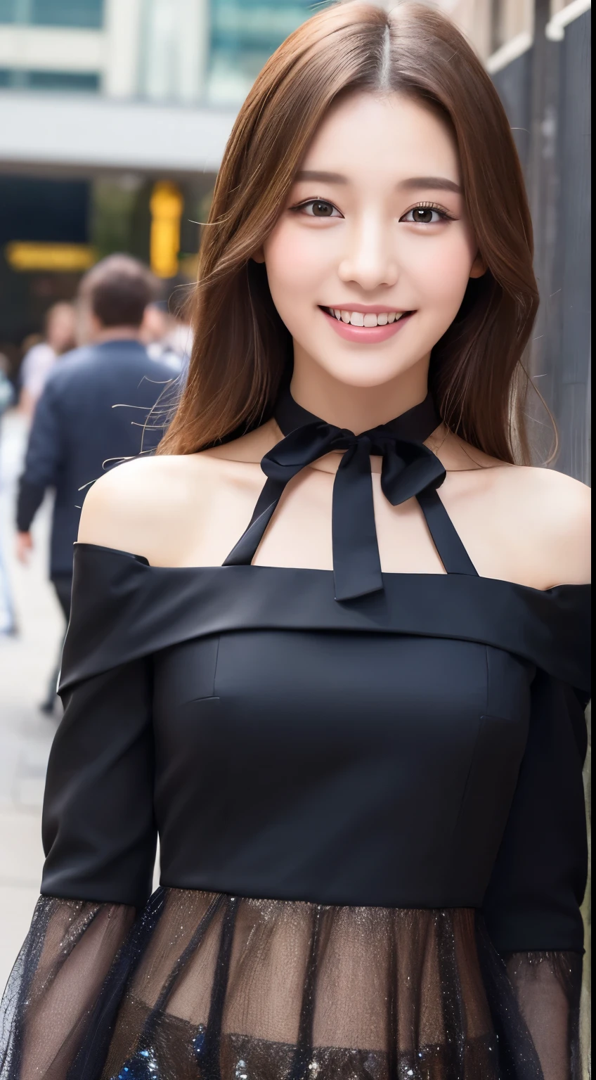 ((Best quality, 8k, Masterpiece :1.3)), 1girl, smiling, full body, slim face, Pretty woman, (Dark brown hair), full length dress :1.1, Ultra-detailed face, Detailed eyes, Double eyelid, blur background, slim face, city, outside, street,