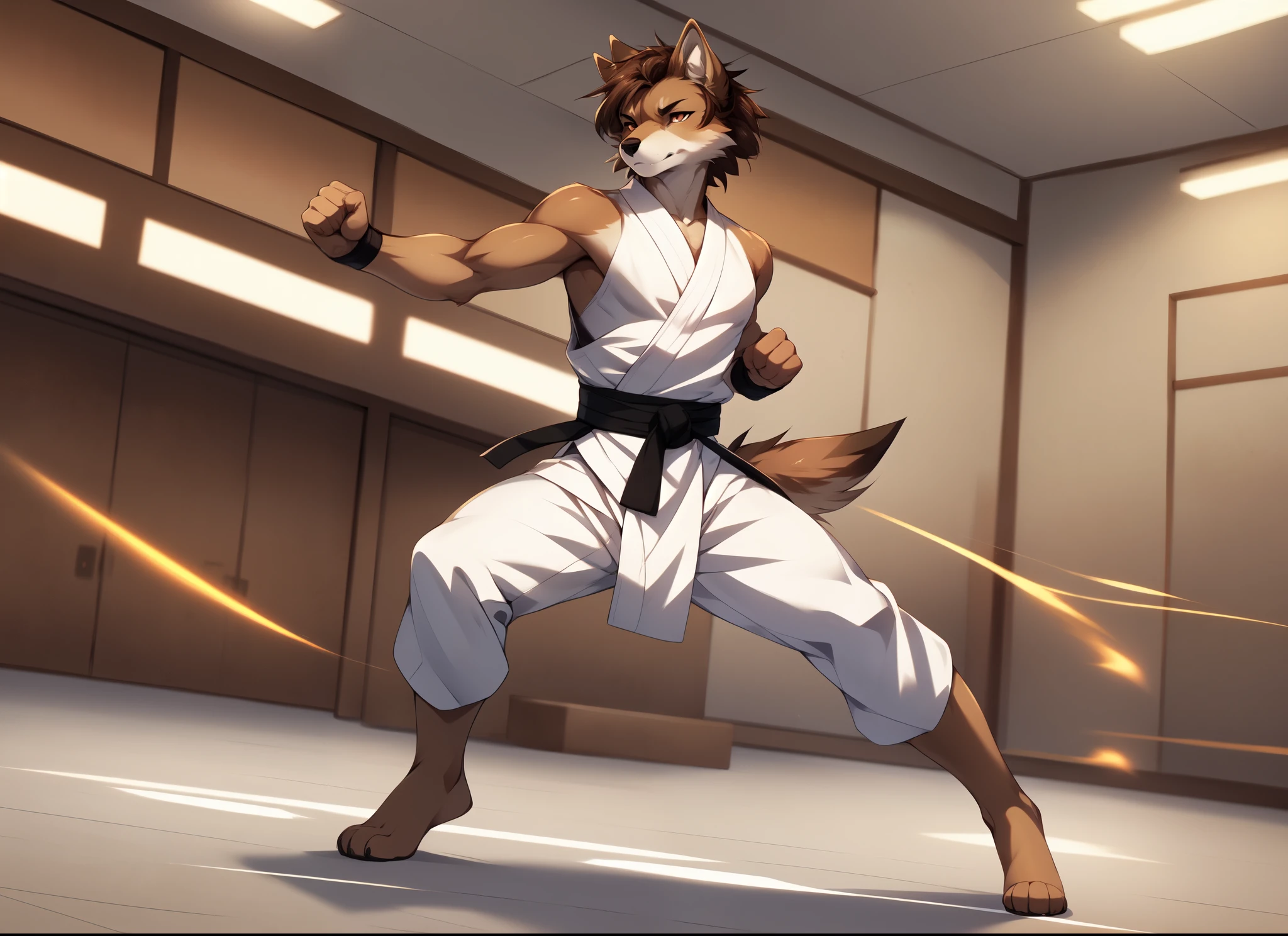 Solo, by fumiko, by hyattlen, Jaiden, brown wolf male, short brown hair, brown wolf ears, brown wolf tail, serious face, feminine, in a karate dojo, in a karate outfit, practicing karate moves, martial art pose, karate pose, doing martial arts, karate, fighting posture, martial arts, fighting stance, in a fighting pose, fighter pose, in an action pose, confident action pose, fighting stance energy, in a fighting stance, fight pose, fighting pose, wearing a white gi, ripped sleeves, sleeveless:1.3, hands balled into fists, 5 fingers