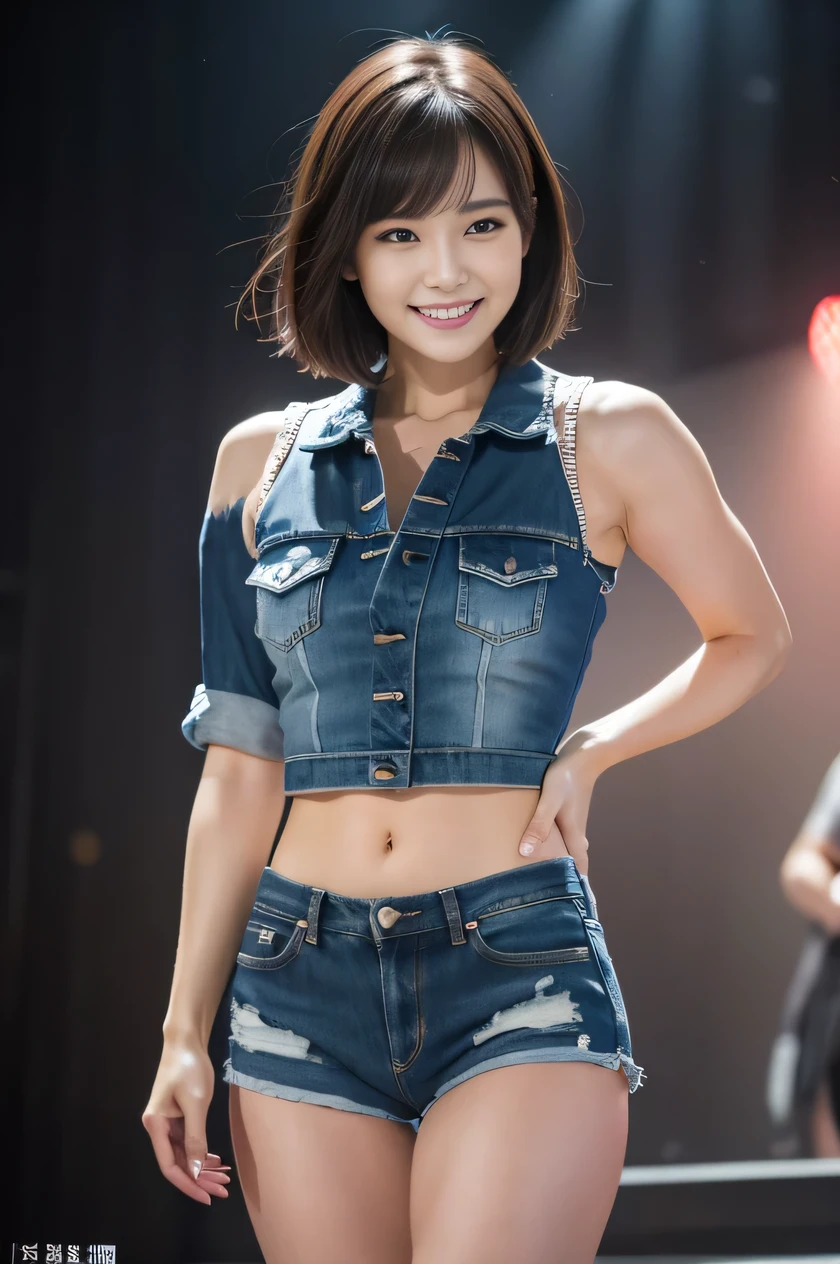 The beauty of 8K raw photos:2.0, short hair, 25 years old, great face and dark eyes, stare at the camera, smile full of joy:1.6, show teeth, put hands behind head, dynamic pose, model&#39;s stance, （crop top, denim shorts:1.2)、Wear heels:1.4, realistic:1.9, very detailed CG 統合 8k 壁紙, very detailed, High resolution RAW color photos, professional photos, shot on stage, girl sexy portrait