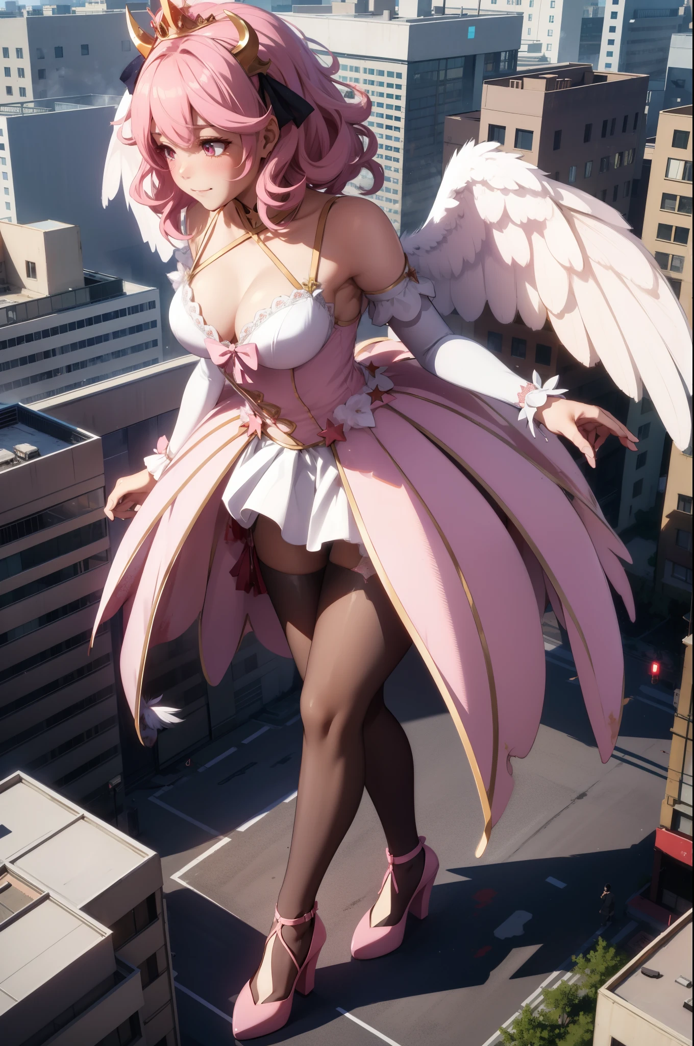 Aerial View,giant girl 50,000 feet high,Weight 1000kg,Has a pair of huge pink angel wings,With huge devil horns on his head,Has waist-length pink hair,loose hair,Pink wavy hair,Pink crown,Wearing a pair of pink Mary Jane high heels,Pink lace gloves,Pink lace pantyhose,Pantyhose with bow and star decorations,粉色蕾丝whole body,Standing upright on a small city,Beautiful appearance,Exquisite makeup,quality,8k,高quality,Perfect proportion, Cinema lighting,film grain,Fuji colors,8k,textured skin,Super details,high detail,high resolution,fake smile,blood stains,脚底有blood stains,whole body,Obese,feather