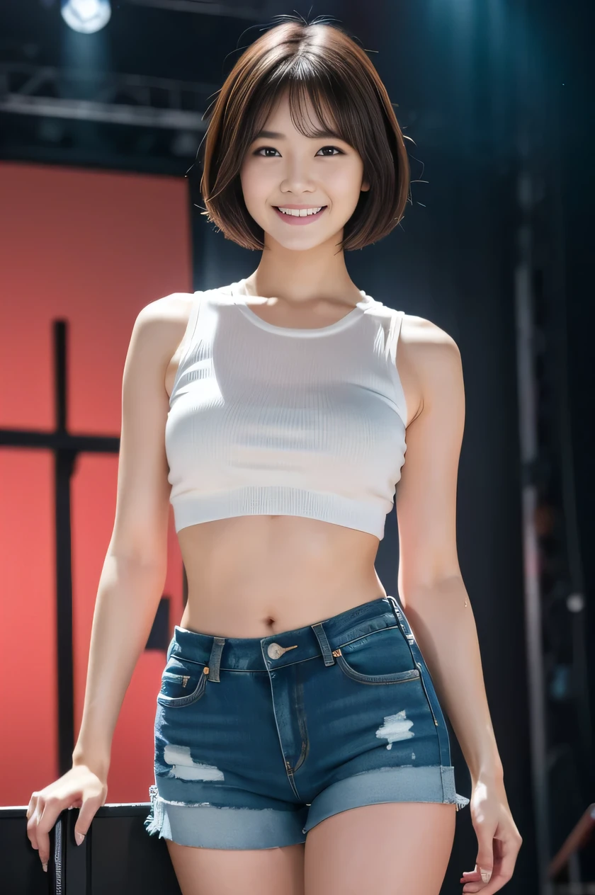 The beauty of 8K raw photos:2.0, short hair, 25 years old, great face and dark eyes, stare at the camera, smile full of joy:1.6, show teeth, put hands behind head, dynamic pose, model&#39;s stance, （crop top, denim shorts:1.2)、Wear heels:1.4, realistic:1.9, very detailed CG 統合 8k 壁紙, very detailed, High resolution RAW color photos, professional photos, shot on stage, girl sexy portrait