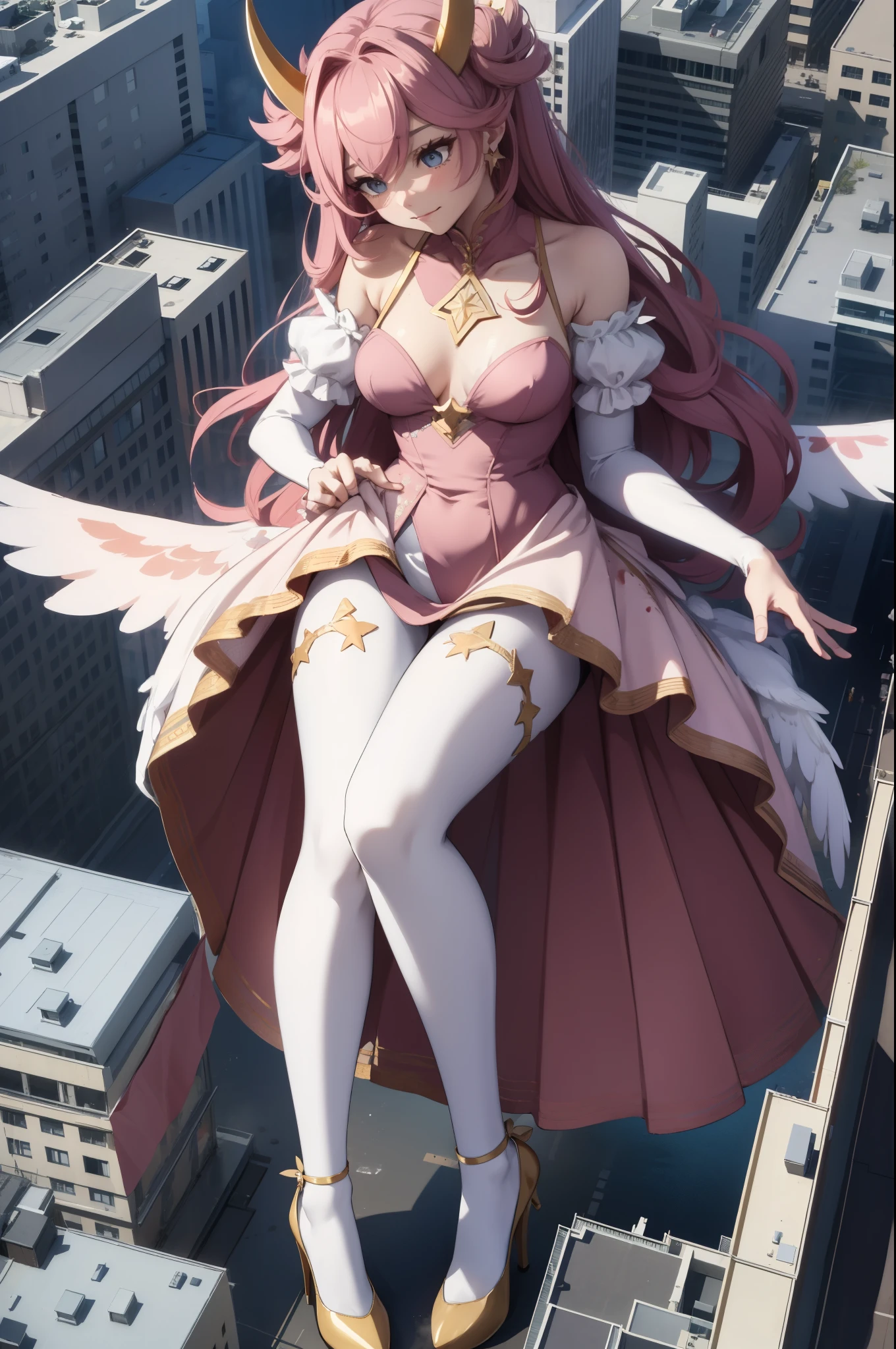 Aerial View，giant girl 50,000 feet high，Weight 1000kg，Has a pair of huge pink angel wings，With huge devil horns on his head，Has waist-length pink hair，loose hair，Pink wavy hair，Pink crown，Wearing a pair of pink Mary Jane high heels，Pink lace gloves，Pink lace pantyhose，Pantyhose with bow and star decorations，粉色蕾丝whole body，Standing upright on a small city，Beautiful appearance，Exquisite makeup，quality，8k，高quality，Perfect proportion, Cinema lighting，film grain，Fuji colors，8k，textured skin，Super details，high detail，high resolution，fake smile，blood stains，脚底有blood stains，whole body，Obese，feather