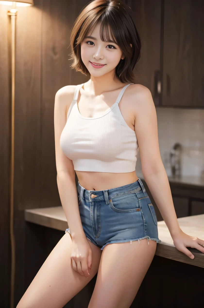 The beauty of 8K raw photos:2.0, short hair, 25 years old, great face and dark eyes, stare at the camera, smile full of joy:1.6, show teeth, put hands behind head, dynamic pose, model&#39;s stance, （white crop top, denim shorts:1.2)、Wear heels:1.4, realistic:1.9, very detailed CG 統合 8k 壁紙, very detailed, High resolution RAW color photos, professional photos, shot on stage, girl sexy portrait