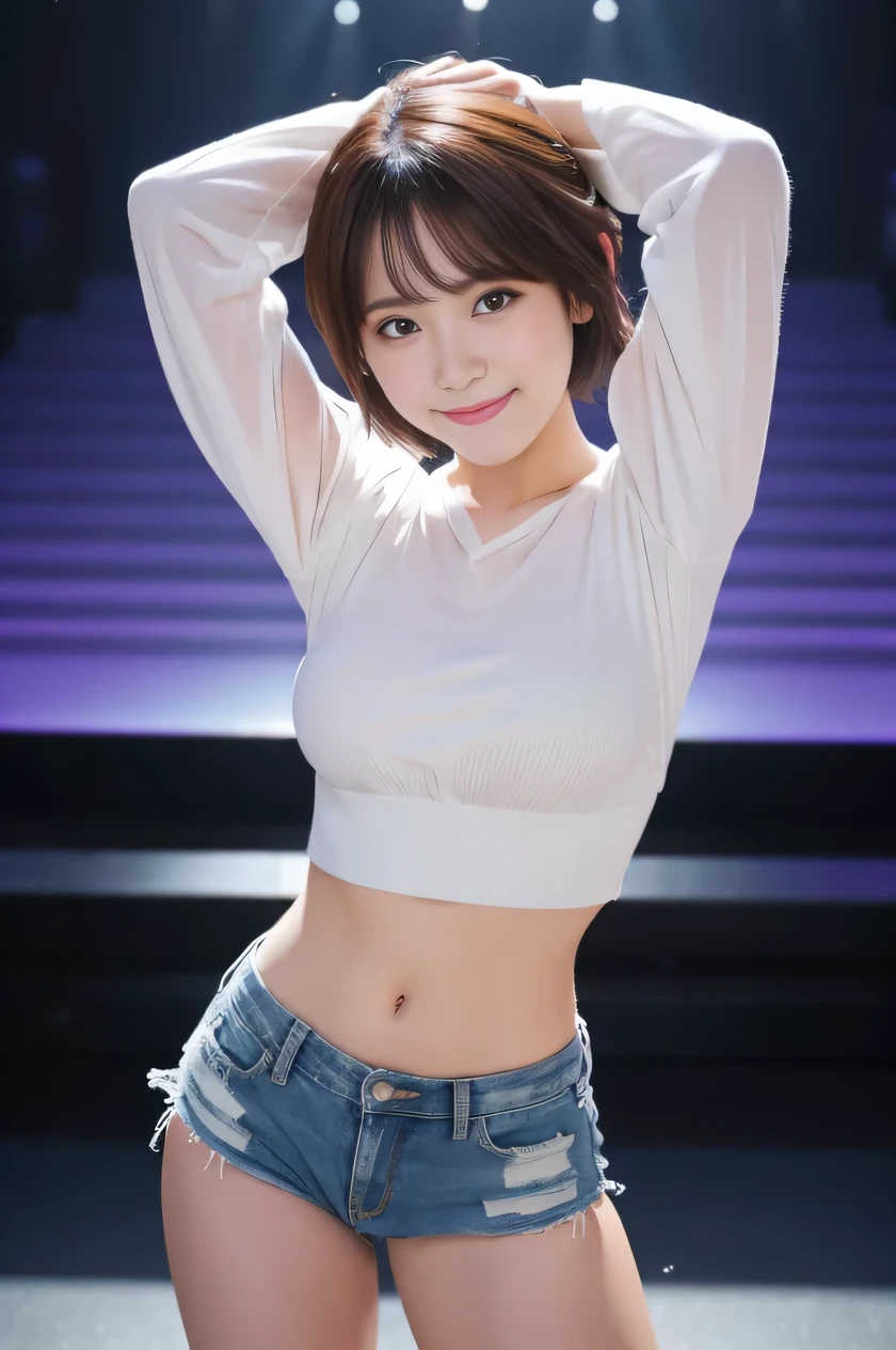 The beauty of 8K raw photos:2.0, short hair, 25 years old, great face and dark eyes, stare at the camera, smile full of joy:1.6, show teeth, put hands behind head, dynamic pose, model&#39;s stance, （white crop top, denim shorts:1.2)、Wear heels:1.4, realistic:1.9, very detailed CG 統合 8k 壁紙, very detailed, High resolution RAW color photos, professional photos, shot on stage, girl sexy portrait