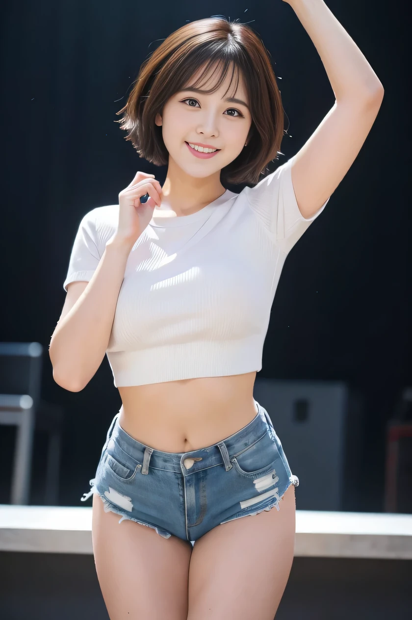 The beauty of 8K raw photos:2.0, short hair, 25 years old, great face and dark eyes, stare at the camera, smile full of joy:1.6, show teeth, put hands behind head, dynamic pose, model's stance, (white crop top, denim shorts:1.2)、Wear heels:1.4, realistic:1.9, very detailed CG 統合 8k 壁紙, very detailed, High resolution RAW color photos, professional photos, shot on stage, girl sexy portrait