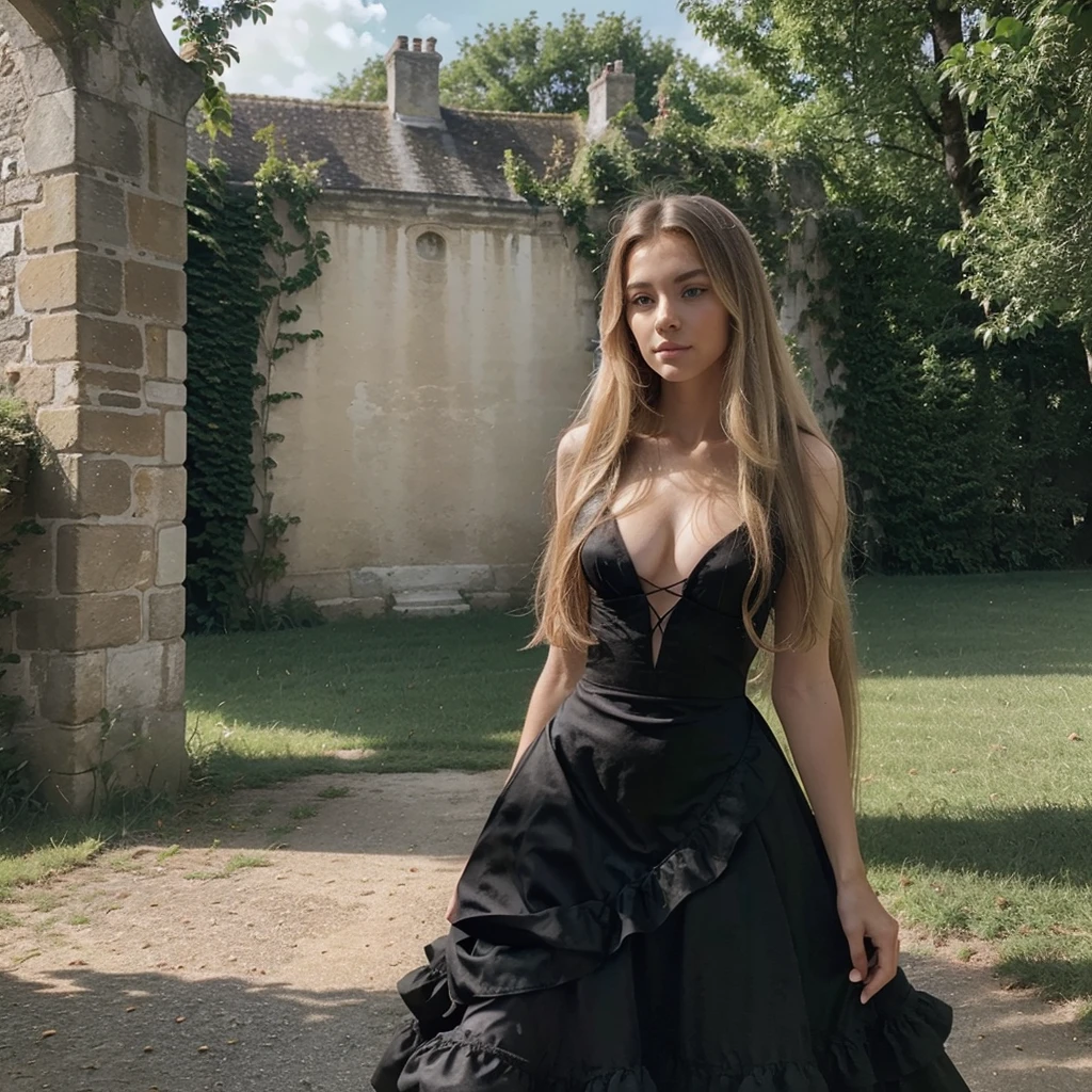 Stunning realistic landscape, ((Femme de dos dans le coin de l'image)), ((hyperréalisme)) ,. Cheveux blonds with the racines châtain clair. cheveux blond, Cheveux avec des racines brunes, cheveux extra longs, Very long hair, Very long hair, beau, Photo prise avec l'iPhone, Elegant black dress, high quality, iPhone, clivage