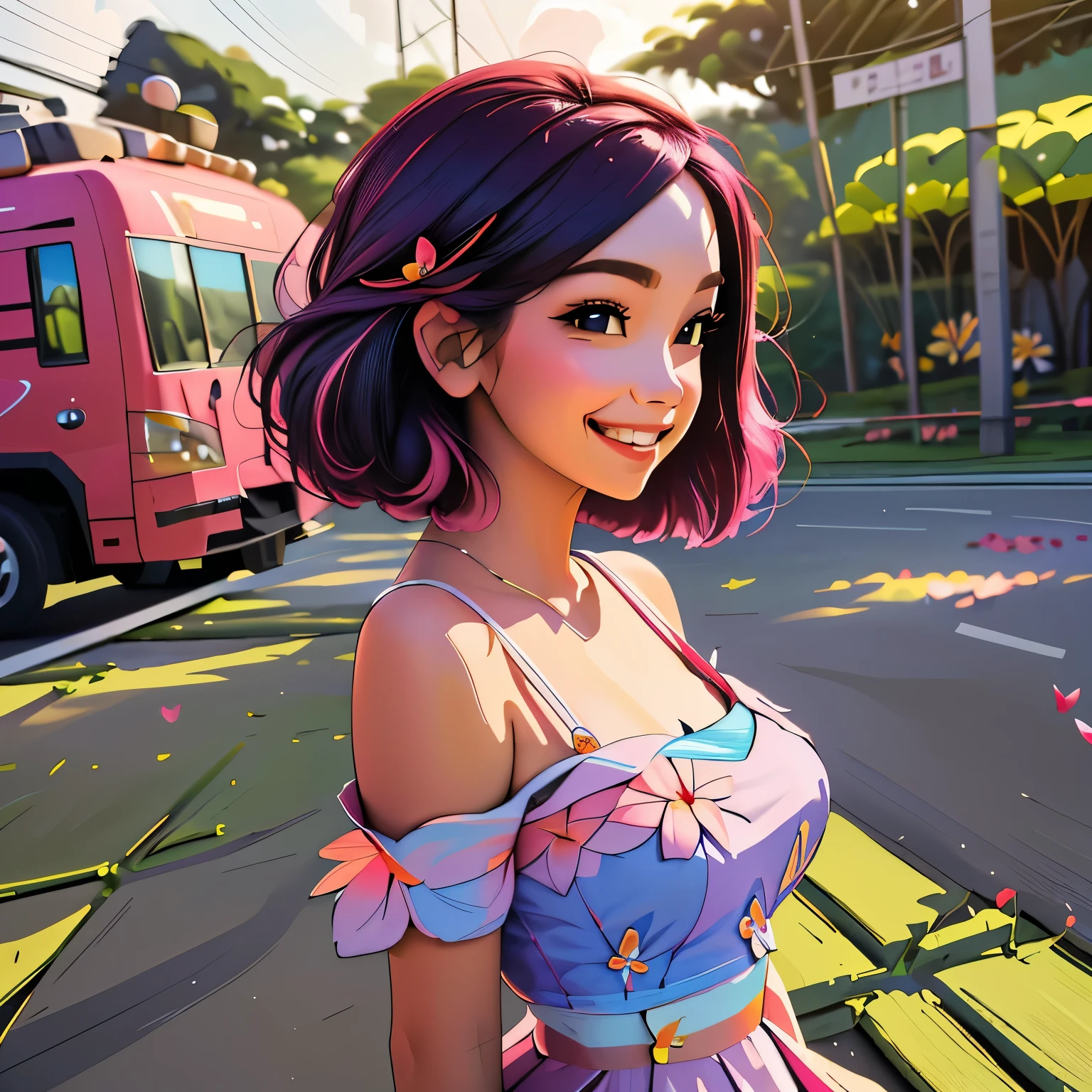 full body photo ,Masterpiece: 1.2, best quality, 1girl, field of plumeria, vibrant, (happy:1.4),colorful details,ultra detailed,detailed lighting,\(\(inspired by Hayao Miyazaki\)\),official art, pink flowers, laying on flowers, big smile
