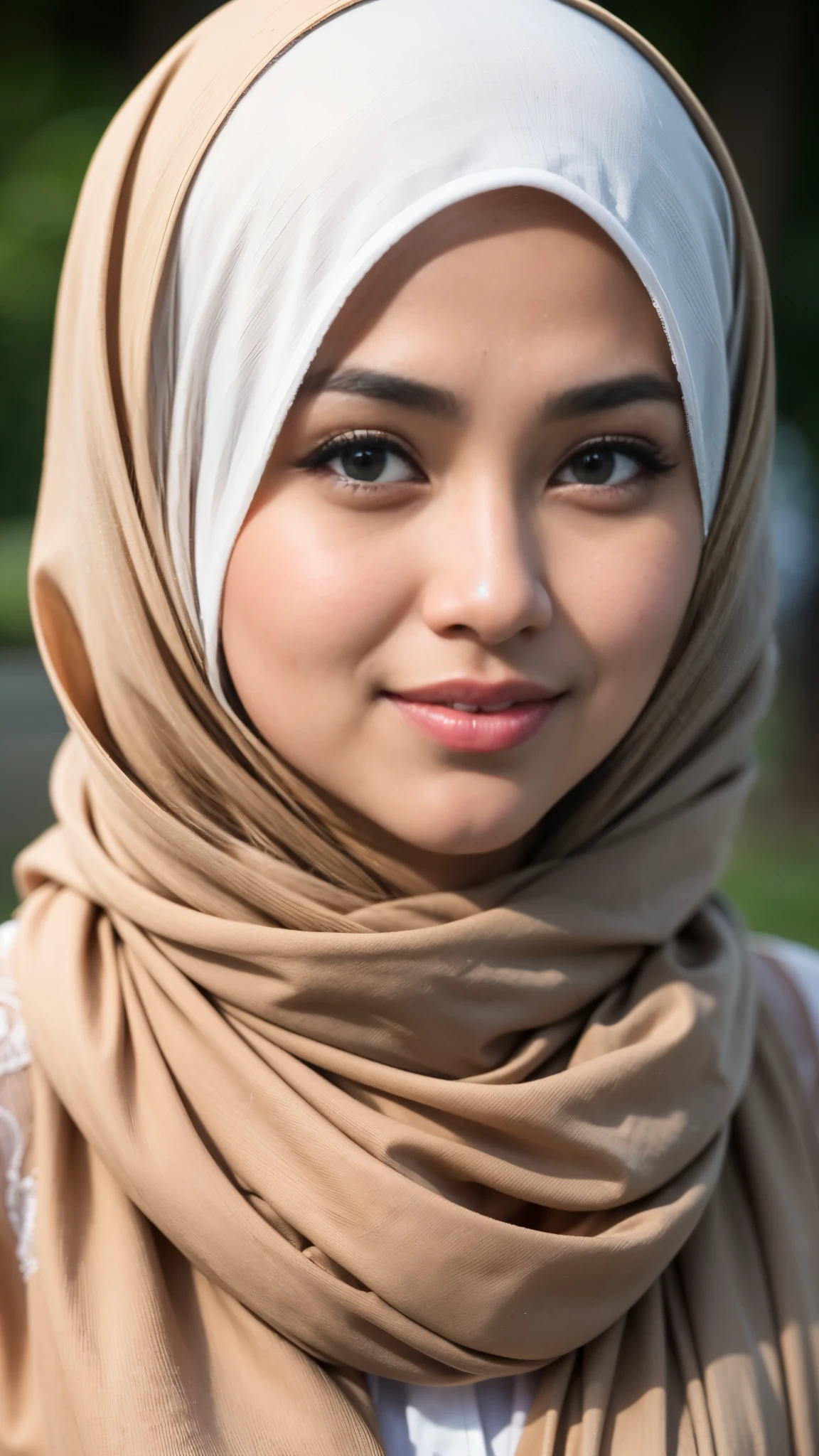 1 malay girl , modern plain hijab,  shy, medium portrait shot , watery  eyes ,lip watery, lip glossy, open mounth, big breast, 1 Malay girl, modern plain hijab, shy, medium portrait, watery eyes, RAW, Best quality, high resolution, masterpiece: 1.3), beautiful Malay woman in hijap:0.8),perfect nose,perfect lips, perfect eyes, detail :1.2), beautifull face, soft smile,Beautiful woman wearing a hijap,  a woman in a brown dress and a brown scarf,  hijab, moles under the eyes, Beutifull girl, lovely smile, lovely woman, with lovely look, with a beautifull smile, cute beautiful,((close up))