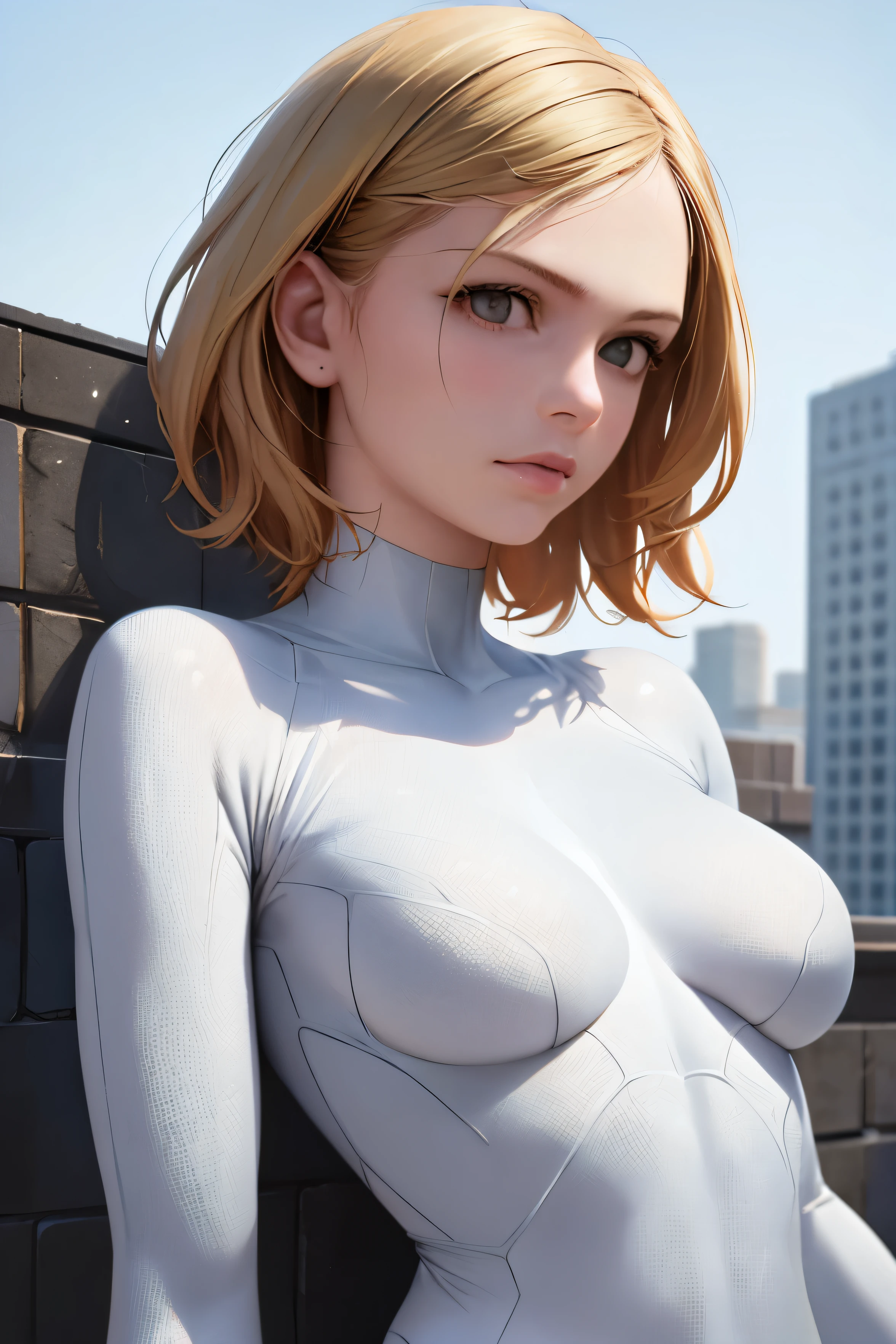 1girl, ((best quality)), ((masterpiece)), ((realistic)), (detailed), (perfect face), spider women, (white spidersuit), blonde short hair, building background