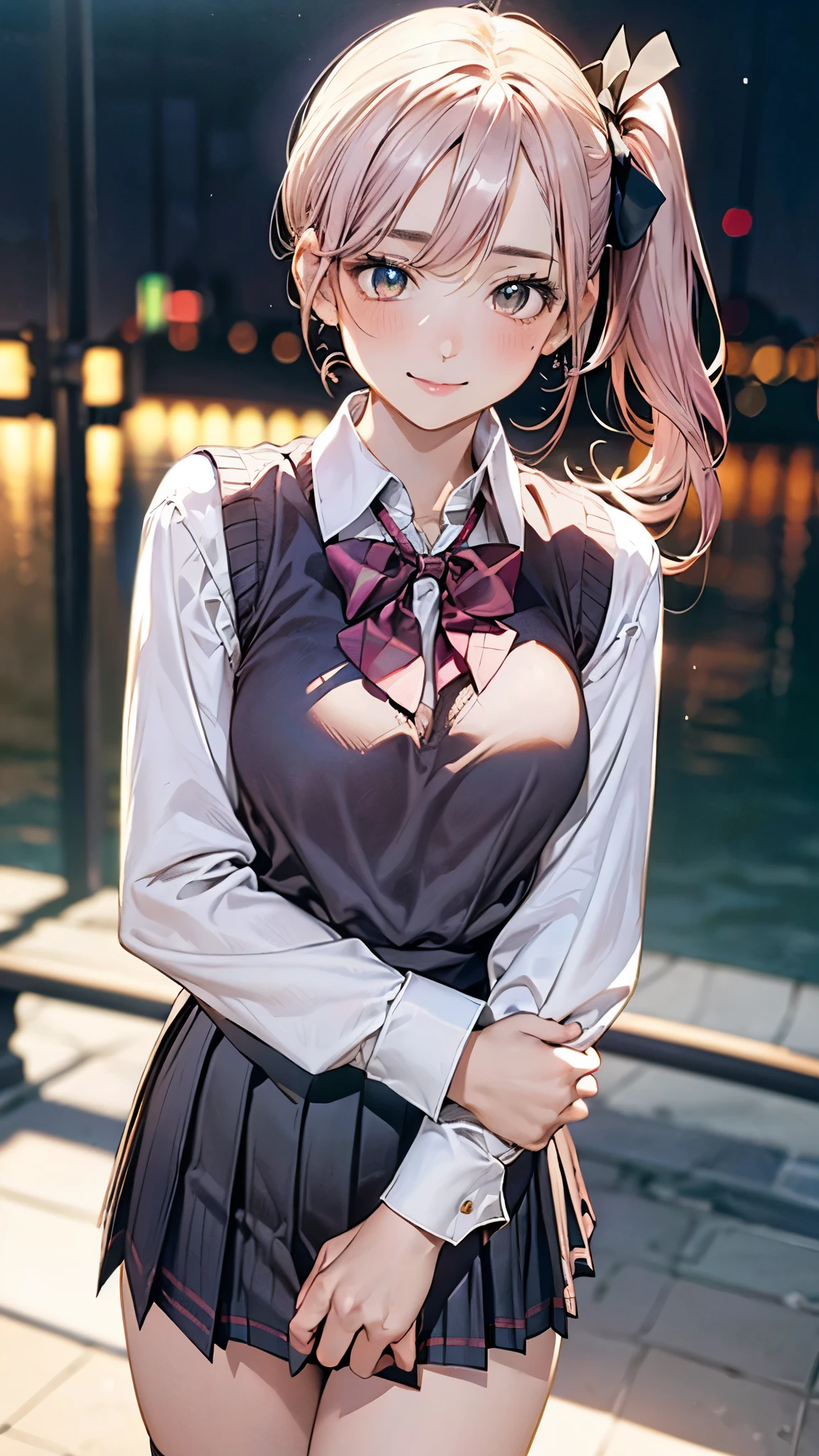 (masterpiece:1.2, top-quality), (realistic, photorealistic:1.4), beautiful illustration, (natural side lighting, movie lighting), nsfw,
looking at viewer, cowboy shot, front view:0.6, 1 girl, japanese, high school girl, perfect face, cute and symmetrical face, shiny skin,
(long hair:1.8, side ponytail:1.7, sidelocks, light pink hair), parted bangs, emerald green eyes, long eye lasher, (large breasts:0.8, thick thighs),
beautiful hair, beautiful face, beautiful detailed eyes, beautiful clavicle, beautiful body, beautiful chest, beautiful thigh, beautiful legs, beautiful fingers,
((((long sleeve)), roll up sleeves, white collared shirts, navy pleated mini skirt, black socks, brown loafers, red bow tie, pastel pink sleeveless knitted vest)), pink panties,
(beautiful scenery), evening, riverside, standing, (lovely smile, upper eyes),