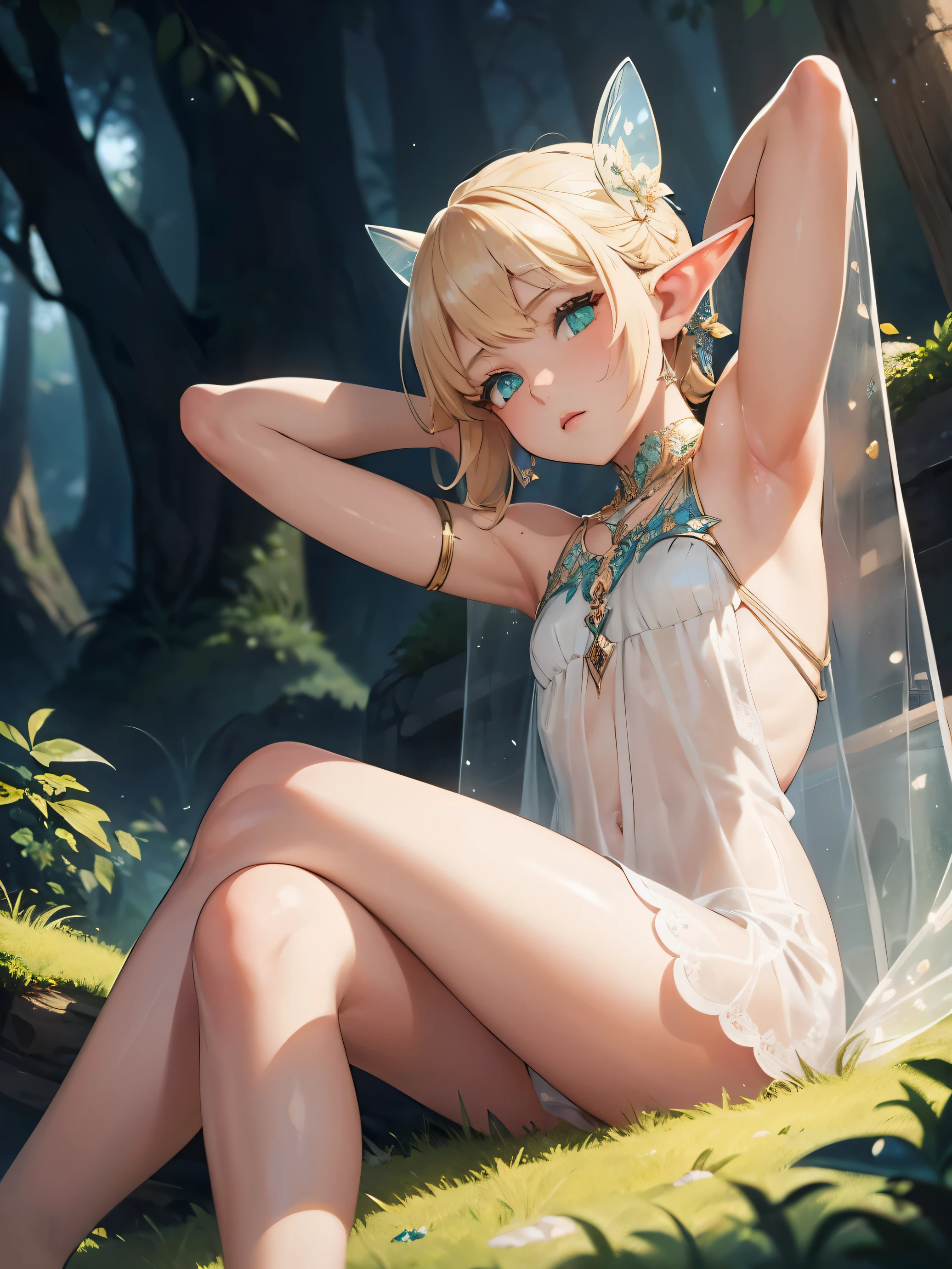 Ultra sharp, masterpiece, best quality, intricate details, detailed eyes, perfect face detailed face, masterpiece, highly detailed exquisite character art, perfectly detailed anatomy, Beautiful boy, transparent flowy outfit, Elf boy, Elf ear, (Showing armpit:1.2),pixie, fairy, small, flying, sitting legs spread, shaved sides, glowing, textured skin, whispering, green eyes, blonde hair, glossy face, fairy dust,