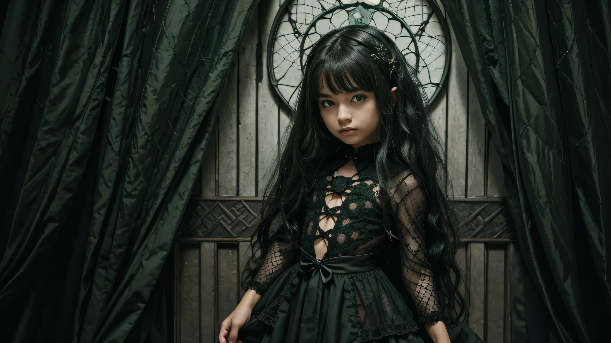 Child girl in gothic net symbolic clothes, 。fundo verde doente , .com (Arame farpado do corpo) cabelo de cor morena,Extremidades dos cabelos grisalhos,