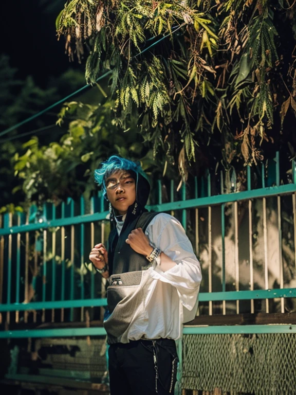 Create a cinematic portrait of the Malay boy in cyberpunk outfit as he explores a dense, mysterious forest. Use a prime lens with a wide aperture to create a shallow depth of field. The forest is filled with dappled, diffused light. Apply a desaturated color grading to emphasize the otherworldly nature of the scene,