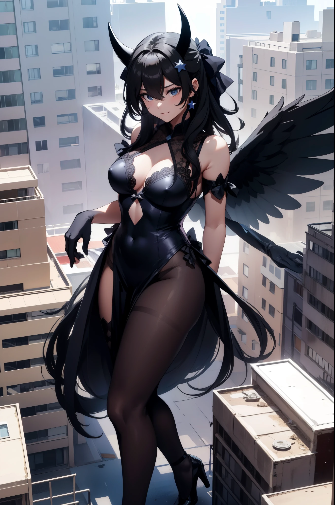 Aerial View,giant girl 50,000 feet high,Weight 1000kg,Has a pair of huge black angel wings,With huge devil horns on his head,Has waist-length black hair,loose hair,Big black wavy curls,Black crown,Wearing a pair of black Mary Jane high heels,Black lace gloves,Black lace pantyhose,Pantyhose with bow and star decorations,黑色蕾丝whole body,Standing upright on a small city,Beautiful appearance,Exquisite makeup,quality,8k,高quality,Perfect proportion, Cinema lighting,film grain,Fuji colors,8k,textured skin,Super details,high detail,high resolution,fake smile,blood stains,脚底有blood stains,whole body,Obese,feather