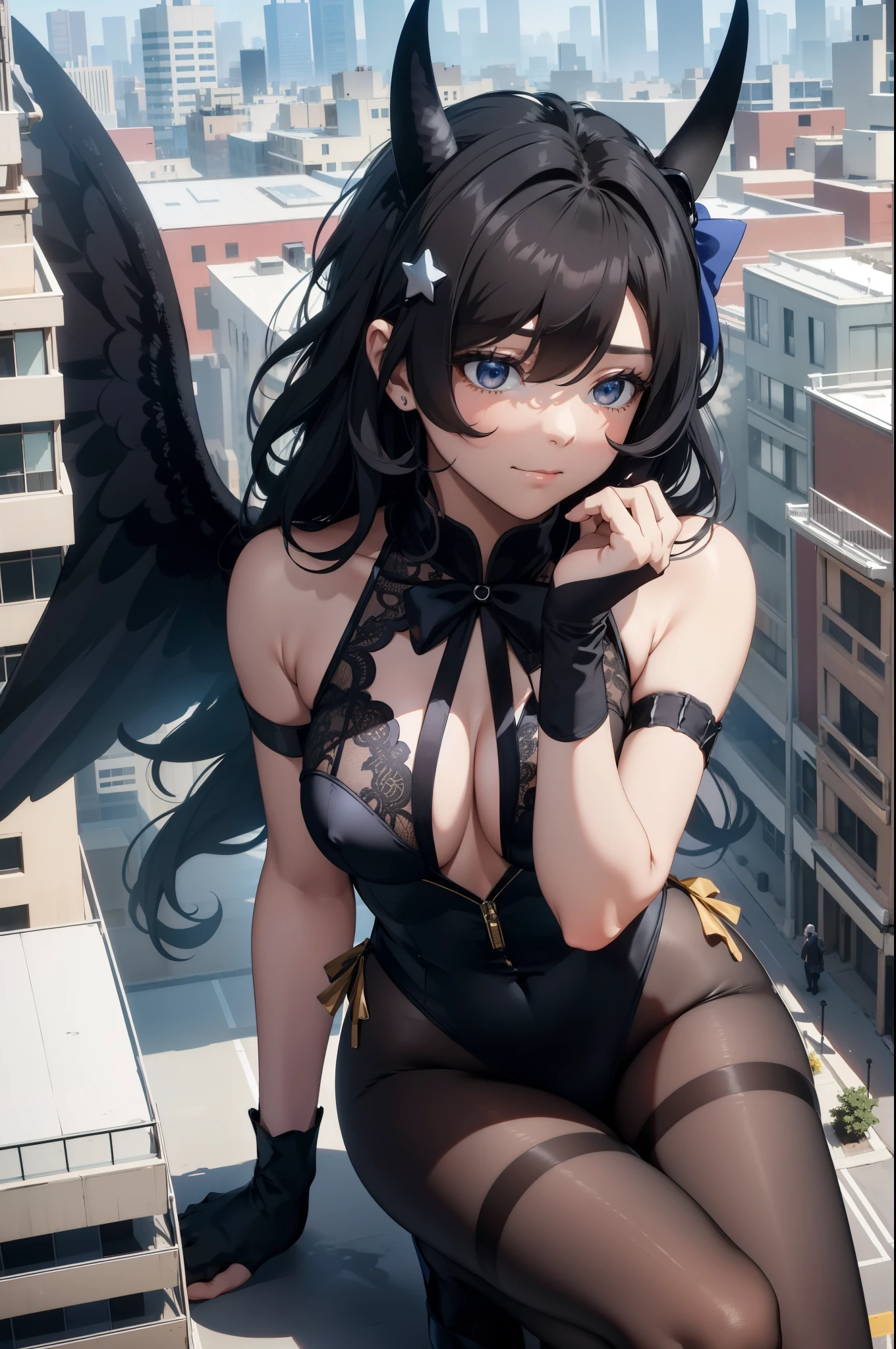 Aerial View，giant girl 50,000 feet high，Weight 1000kg，Has a pair of huge black angel wings，With huge devil horns on his head，Has waist-length black hair，loose hair，Big black wavy curls，Black crown，Wearing a pair of black Mary Jane high heels，Black lace gloves，Black lace pantyhose，Pantyhose with bow and star decorations，黑色蕾丝whole body，Standing upright on a small city，Beautiful appearance，Exquisite makeup，quality，8k，高quality，Perfect proportion, Cinema lighting，film grain，Fuji colors，8k，textured skin，Super details，high detail，high resolution，fake smile，blood stains，脚底有blood stains，whole body，Obese，feather